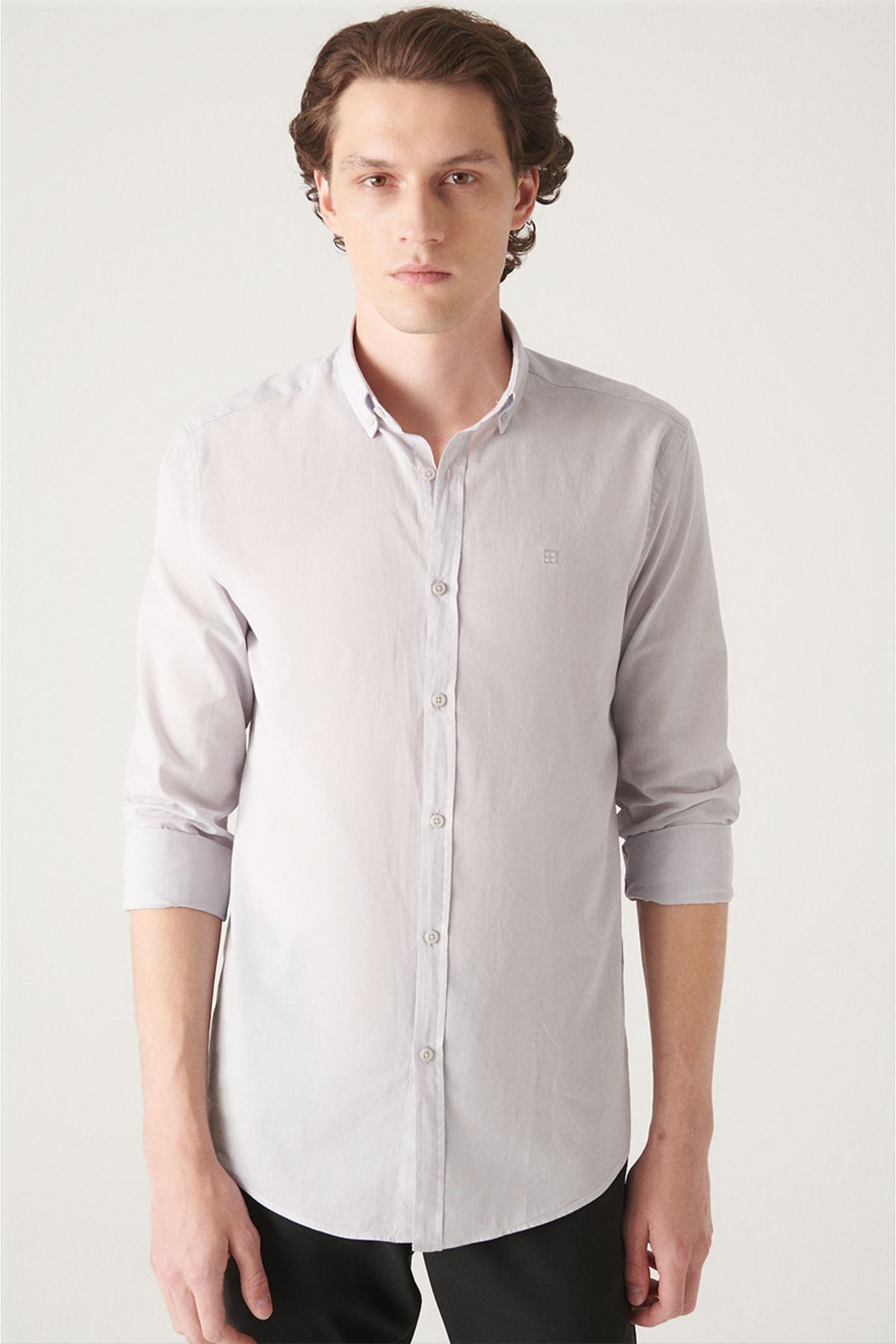 Male Light Gray 100 %Cotton Futter Soft Key buttoned Neck Shirt E002206