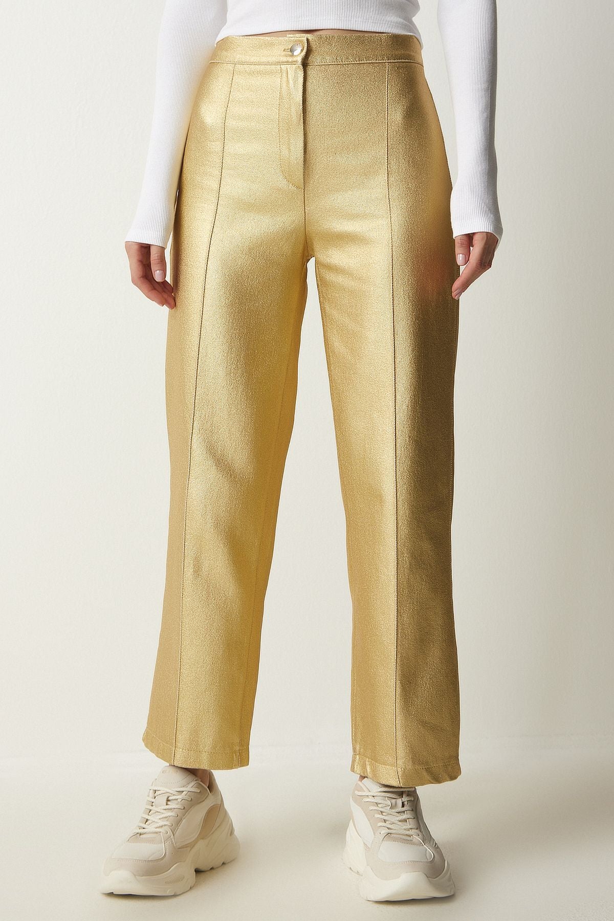 Female Metallic Yellow Metallic Carrot Pants UL00012