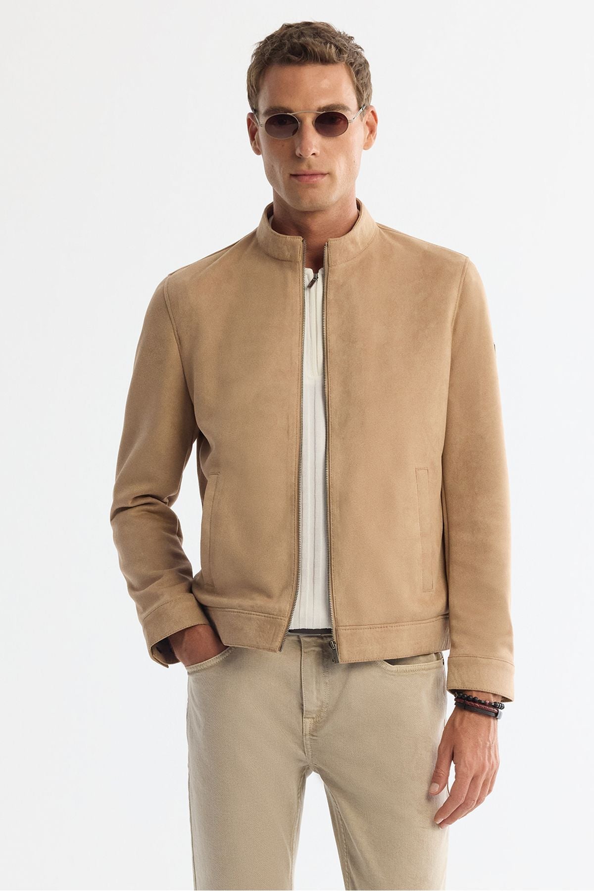 Men's Beige Suede Tissue Pre -Zipper Fine Mont B006002