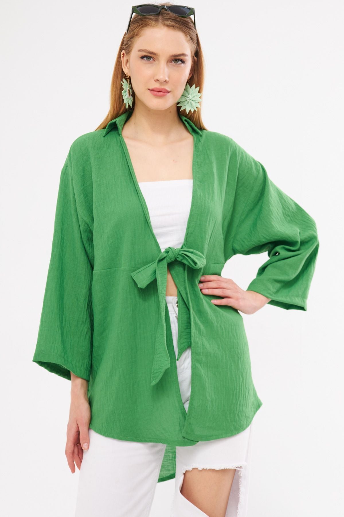 Female green linen-looking front-binding kimono shirt ARM-24Y001063