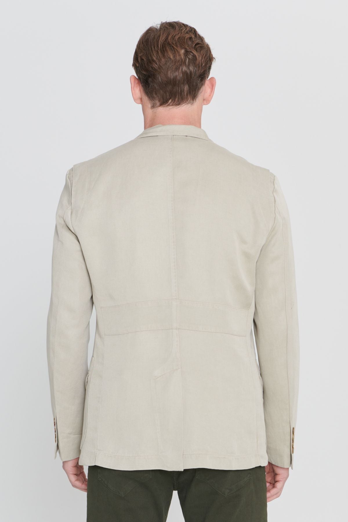 Men's beige slim fit narrow cut linen mono collar pattern blazer jacket