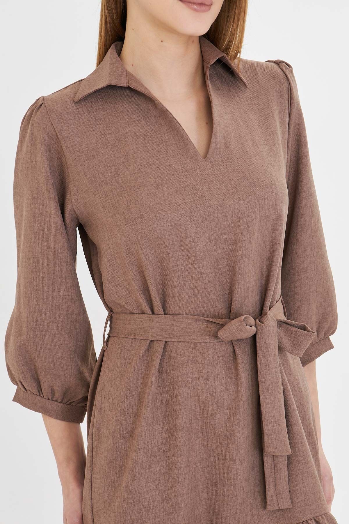 Female mink shirt collar quarter arm waist belt skirt shirred dress ARM-25Y001010