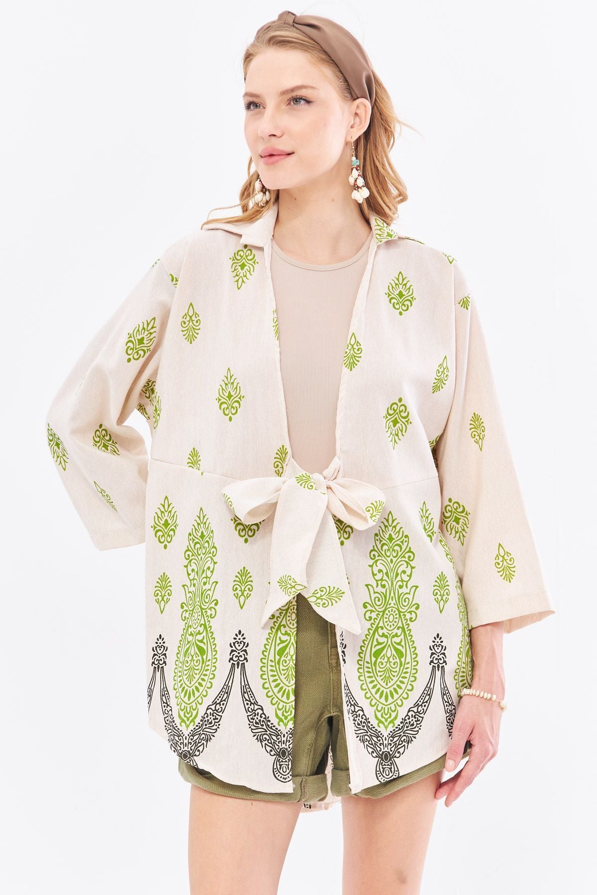 Female peanut green patterned linen-looking skirt with aqueous front kimono shirt ARM-24Y001092