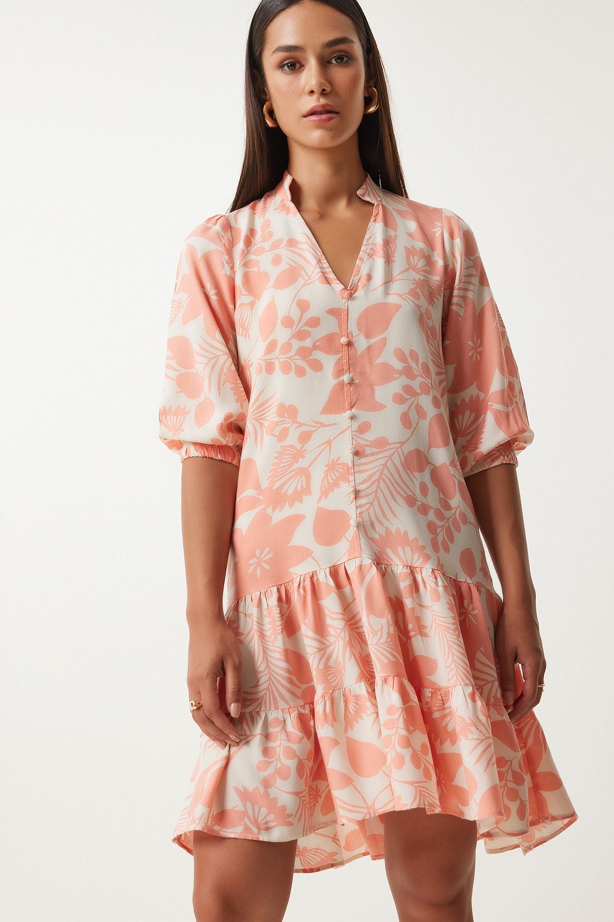 Female peach patterned dominant collar viscose dress FN03229