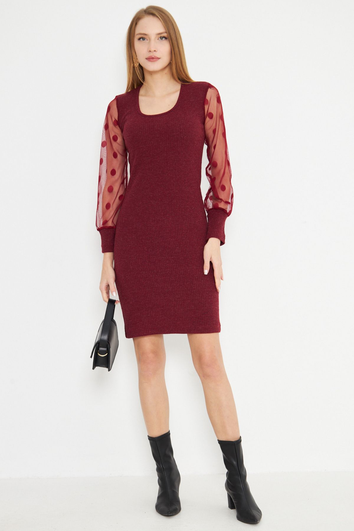 Female Bordeaux U Yaka Sitting on the Body Arms Tulle Detail Kashkorse Knitwear Dress ARM-25K001068