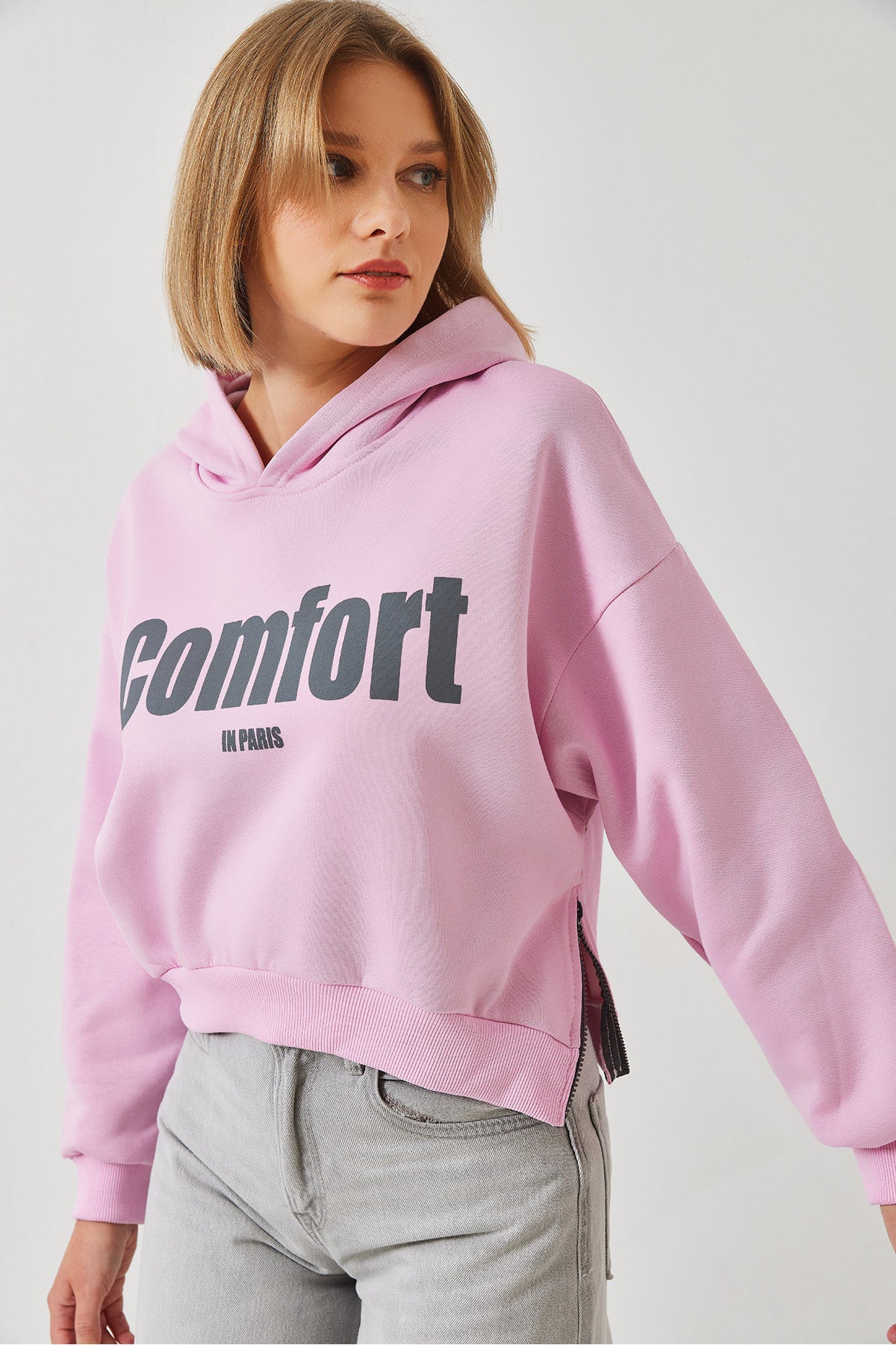 Women's Three Thread Raised Crop Sweatshirt with Side Zippers 60261016