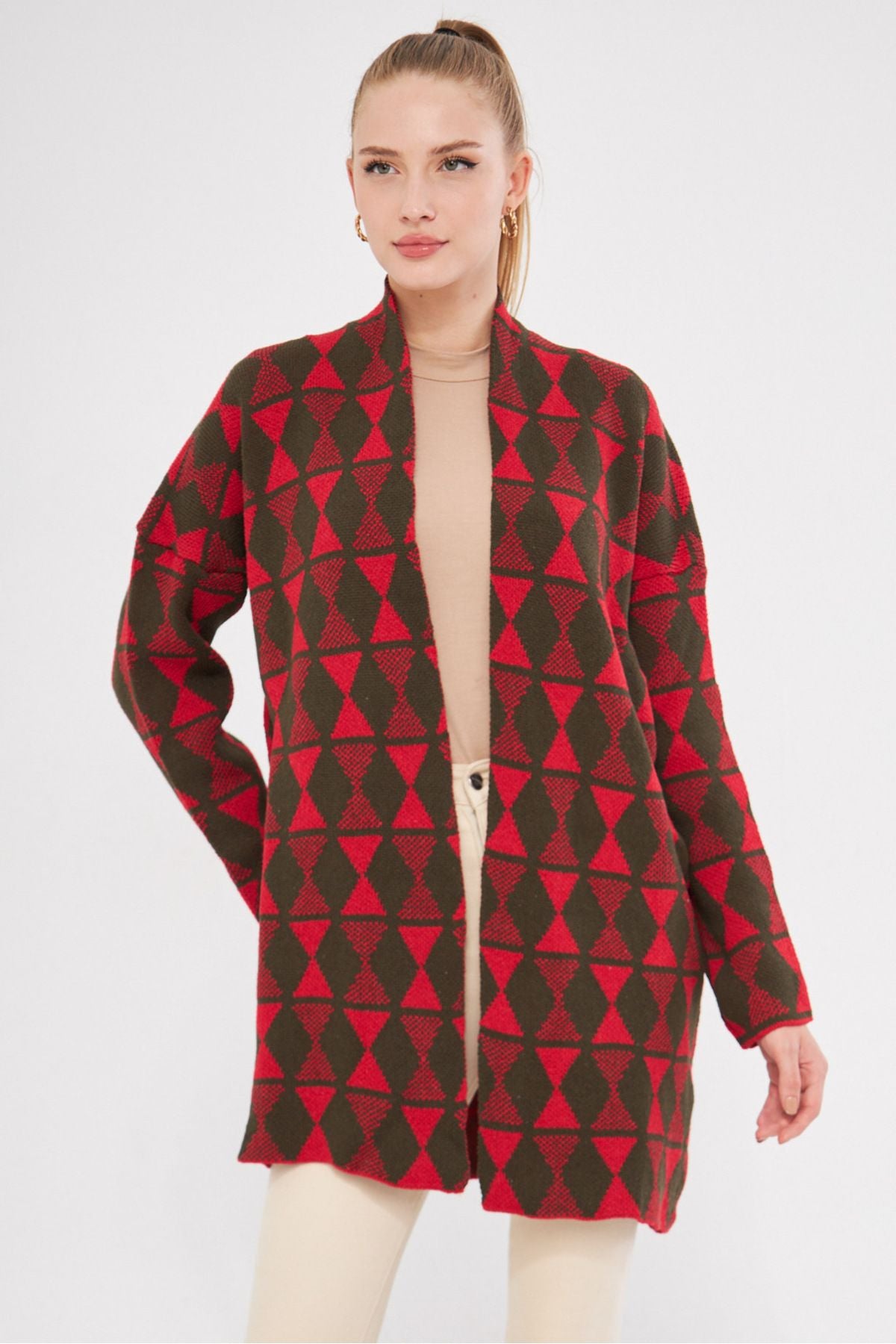 Woman Red Long Patterned Knitwear Cardigan ARM-25K012005