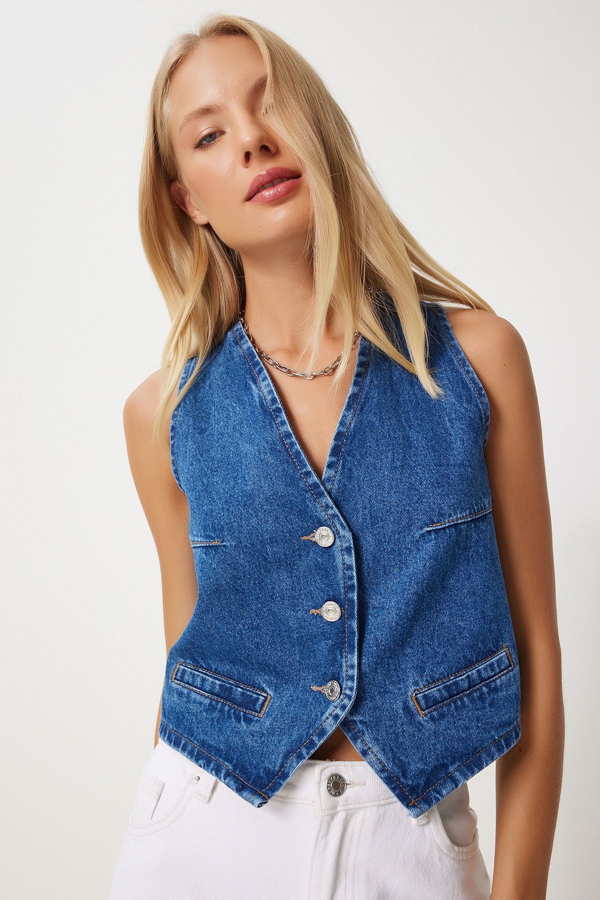 WOMEN BLUE V YAKA CROP DENİM VEST YL00002