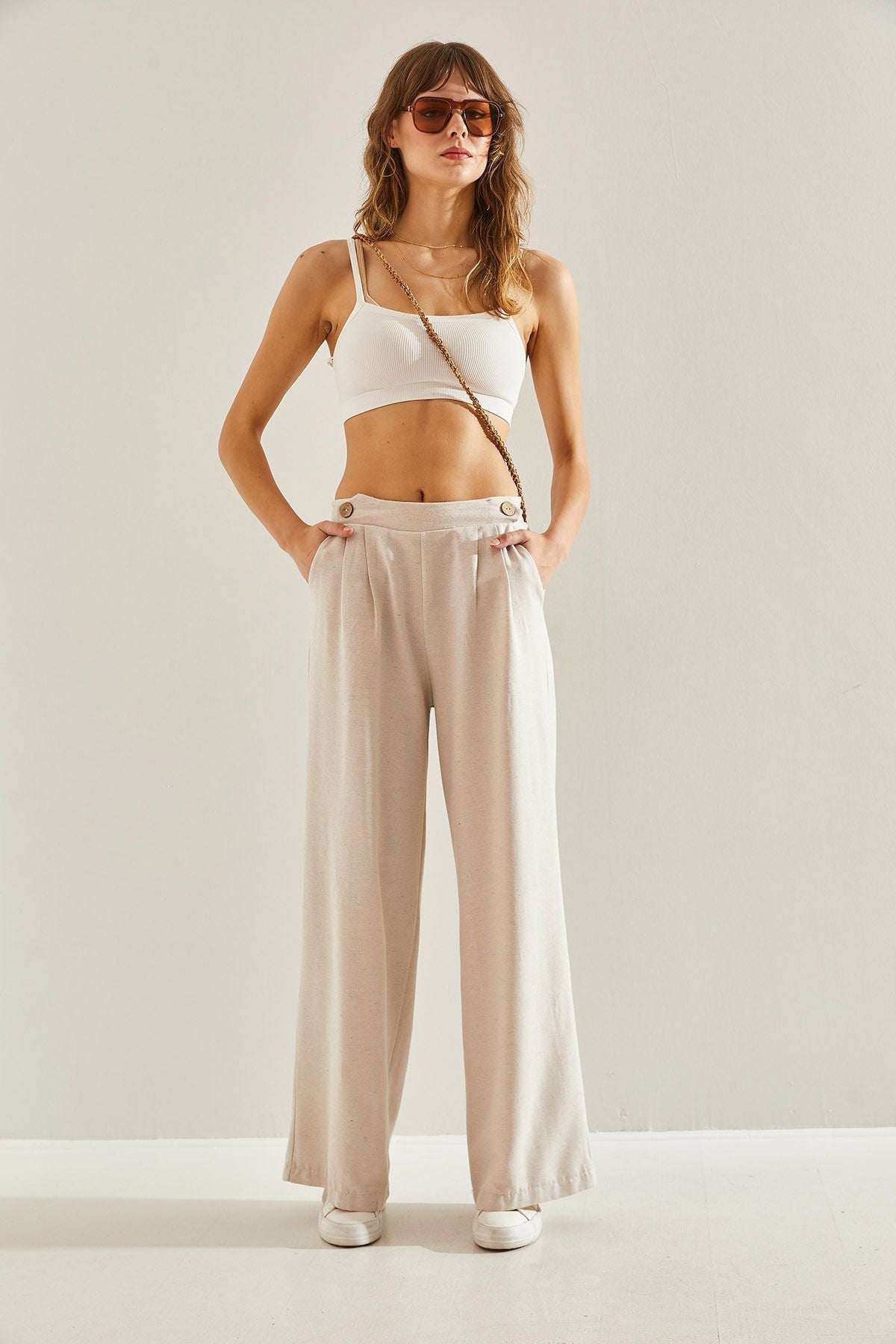 Female Front Egger Double Button Detailed Pocket Natural Palazzo Pants 60251124