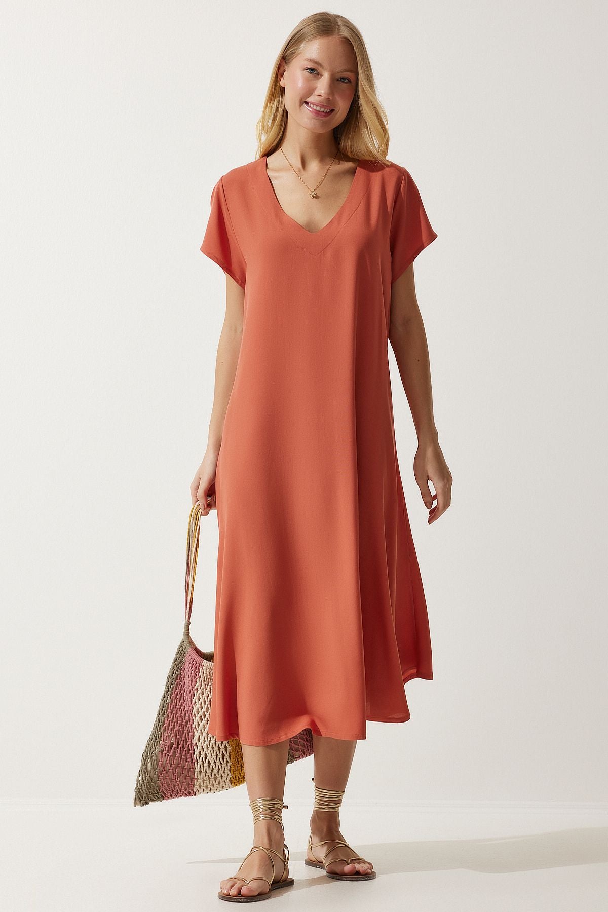 Woman Oranj V -Neck Summer Casting Viscose Dress EN00612