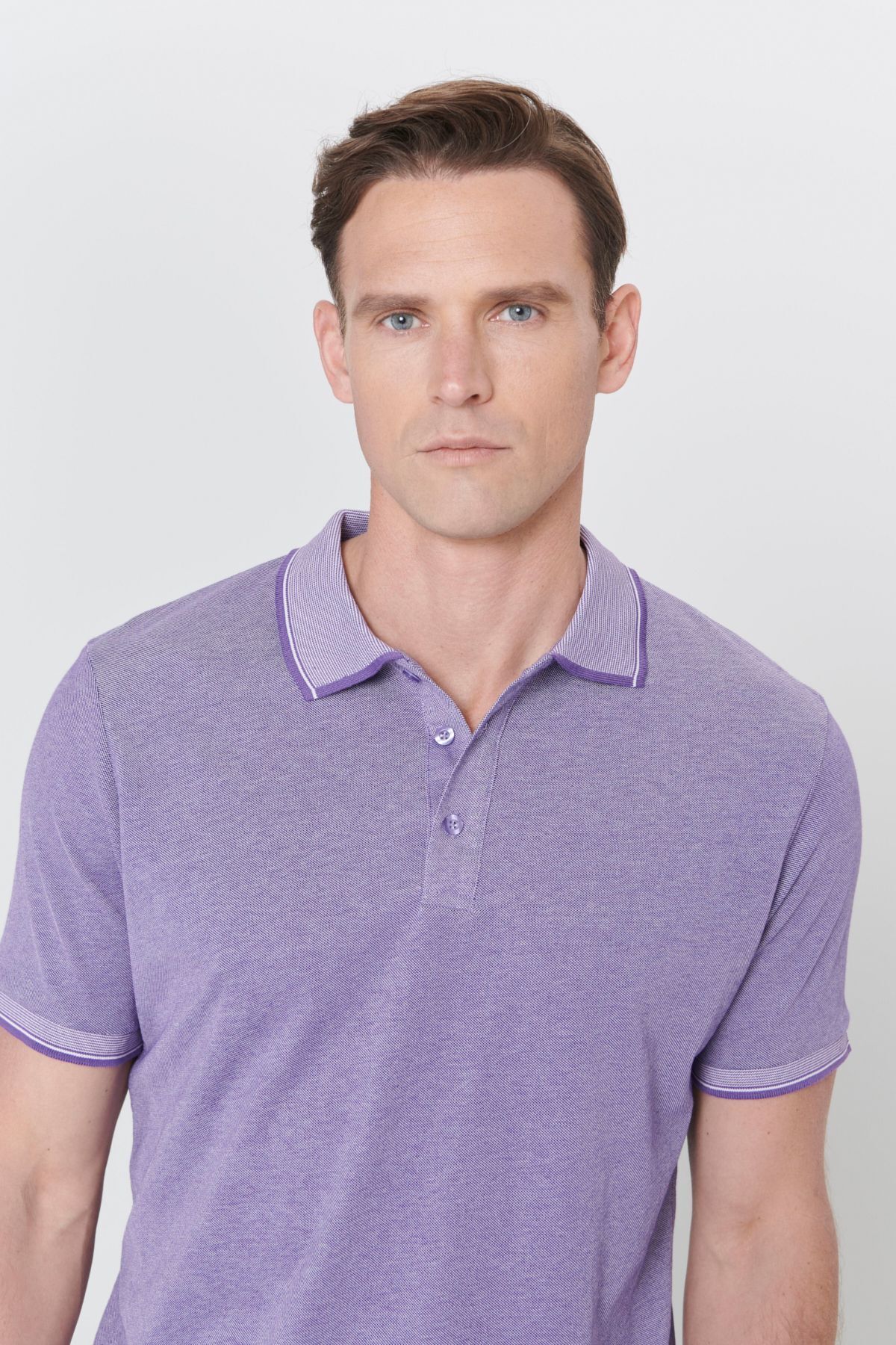 Men-Plugging Cotton Fabric Slim Fit Narrow Cut Purple-White Curlled Polo Yaka T-shirt