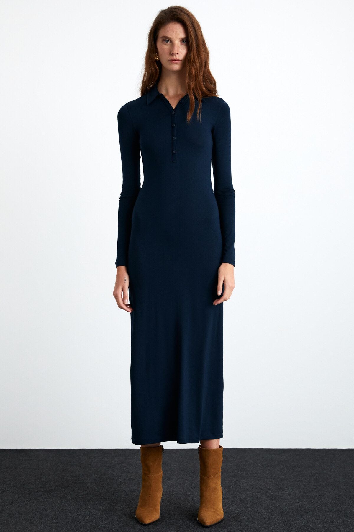 Saidy Female viscose lycra shirt collar bodycon Bodycon Maxi Navy blue dress