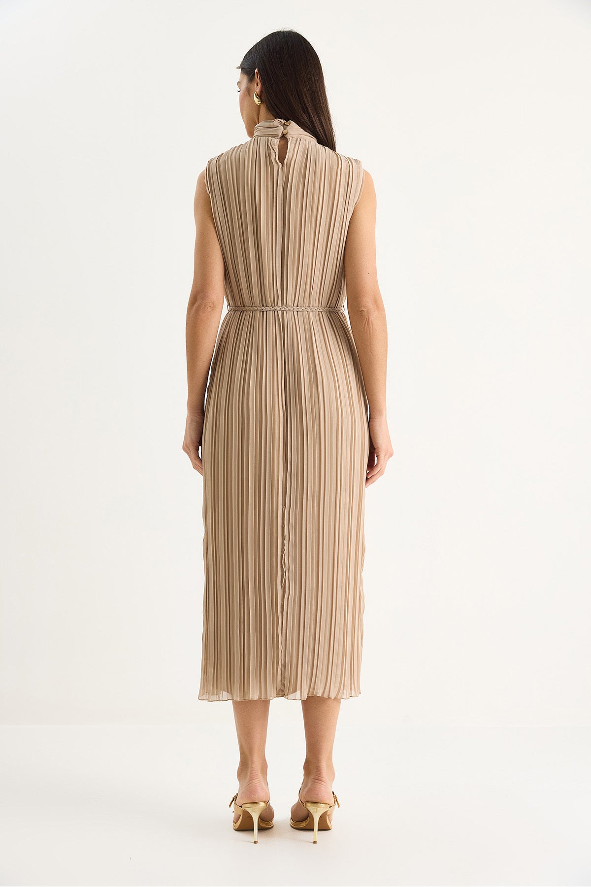 Women's Thick Strap Knitted Belted Lined Midi Pleated Dress FE-118 60283435