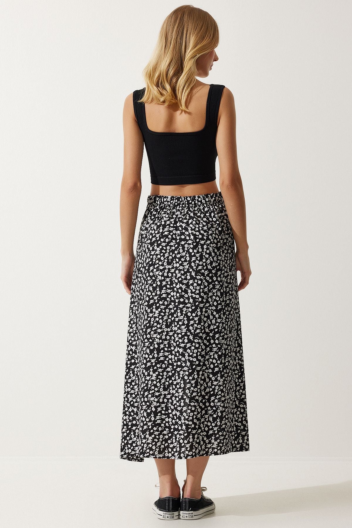 Female black patterned slit viscose skirt UB00246