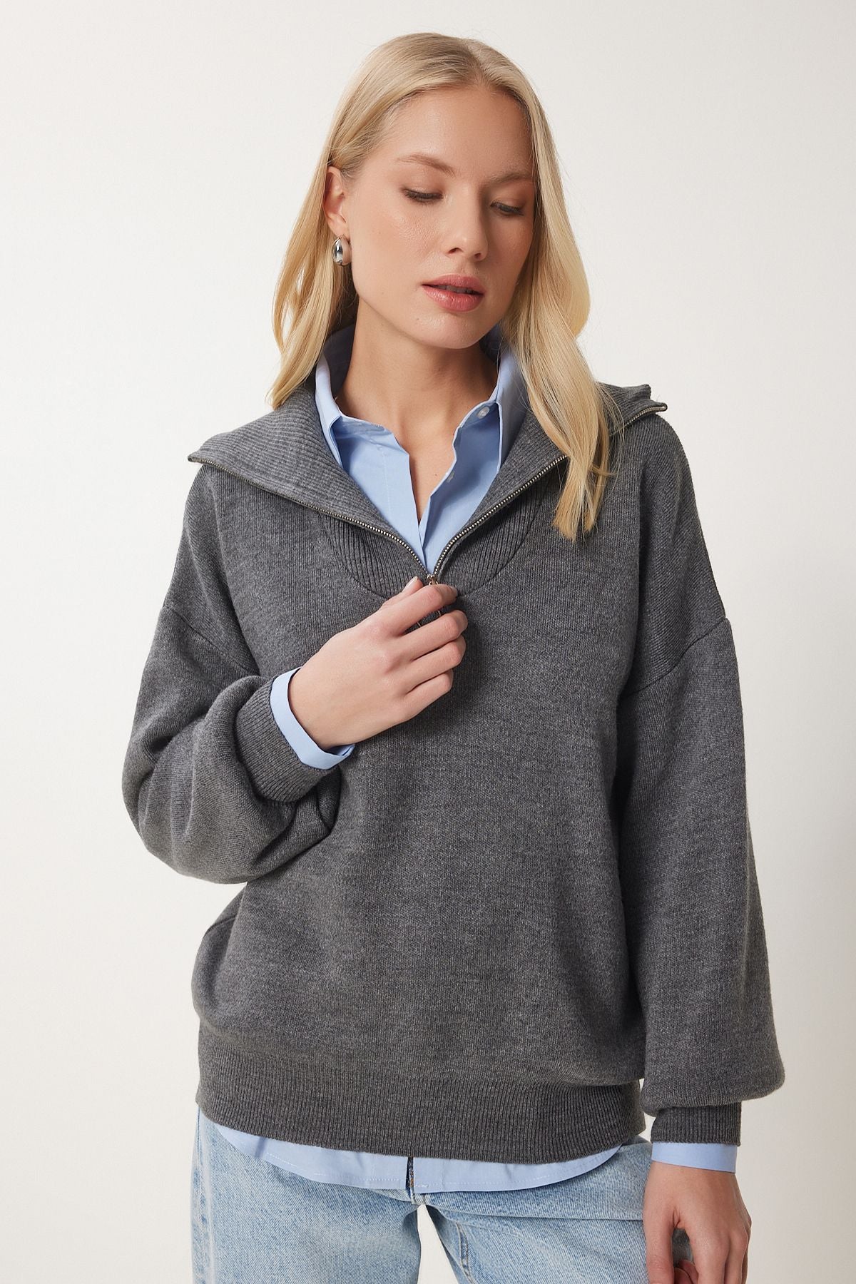 Female anthracite zipper collar Basic knitwear sweater pf00007