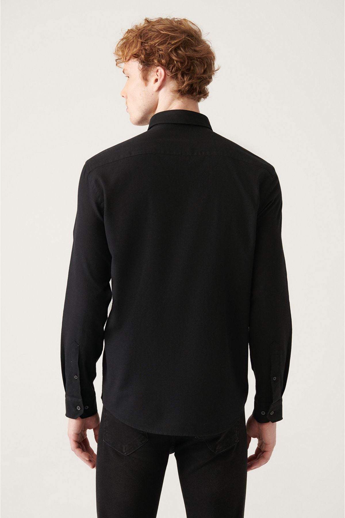 Men's black button collar 100 %cotton linen textured shirt E002141