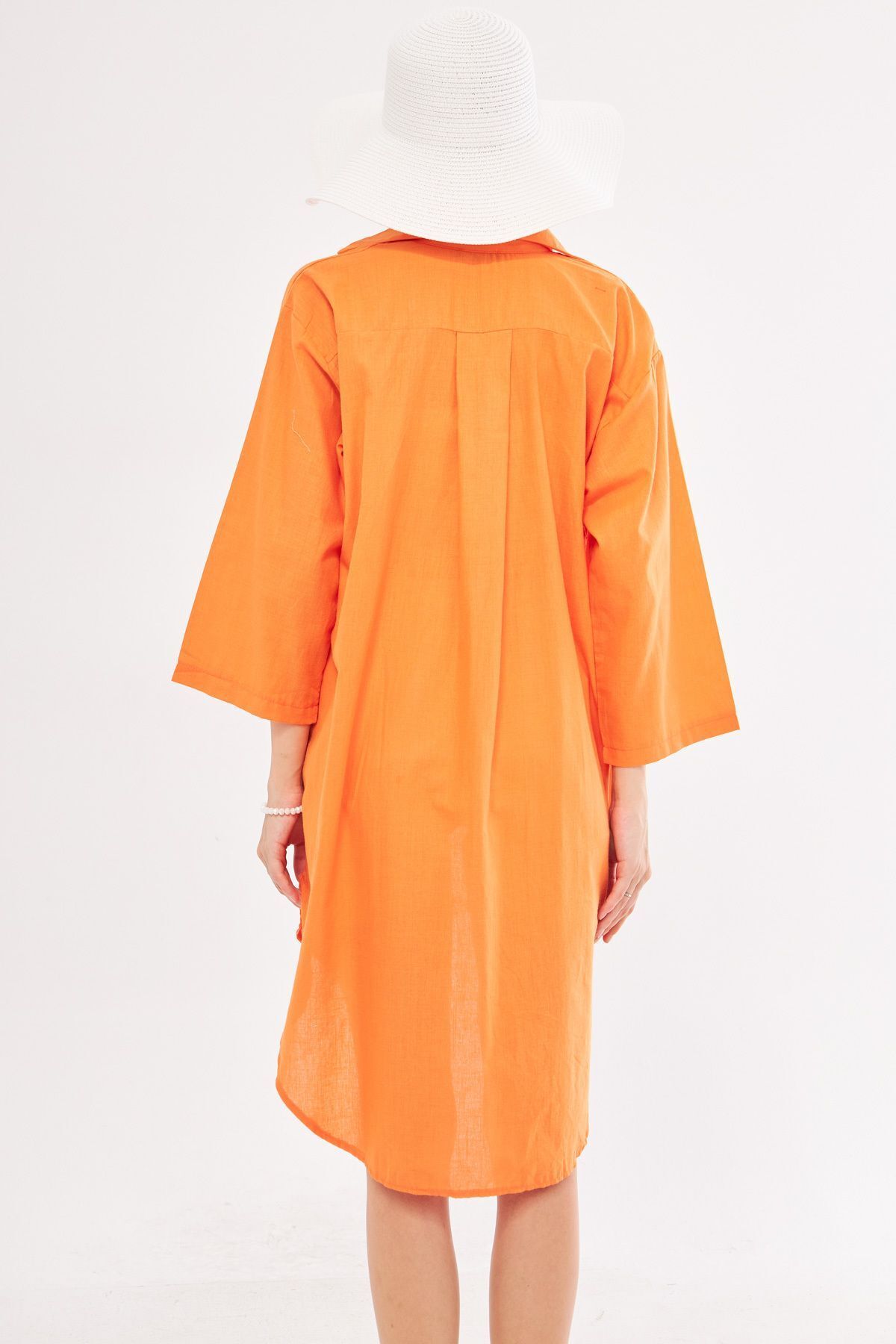 Female Orange front-binding thin linen fabric midi height kimono shirt ARM-24Y001081