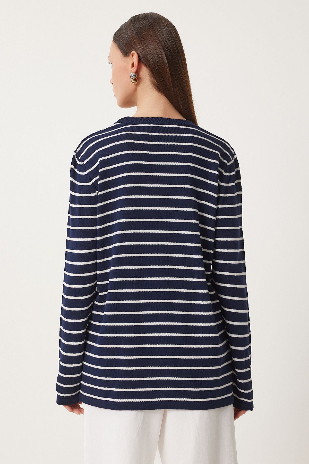 Woman Navy blue white striped seasonal knitwear sweater KB00041