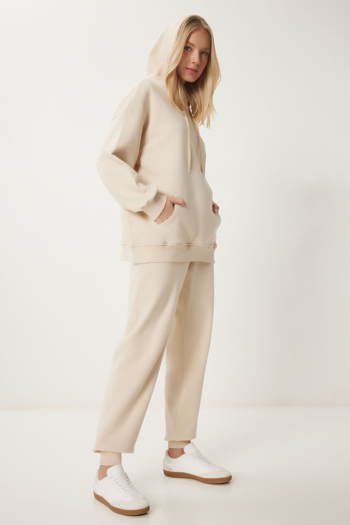 Women's Cream Hooded Sweatshirt Jogger Oversize Knitting Satatches PYS0027