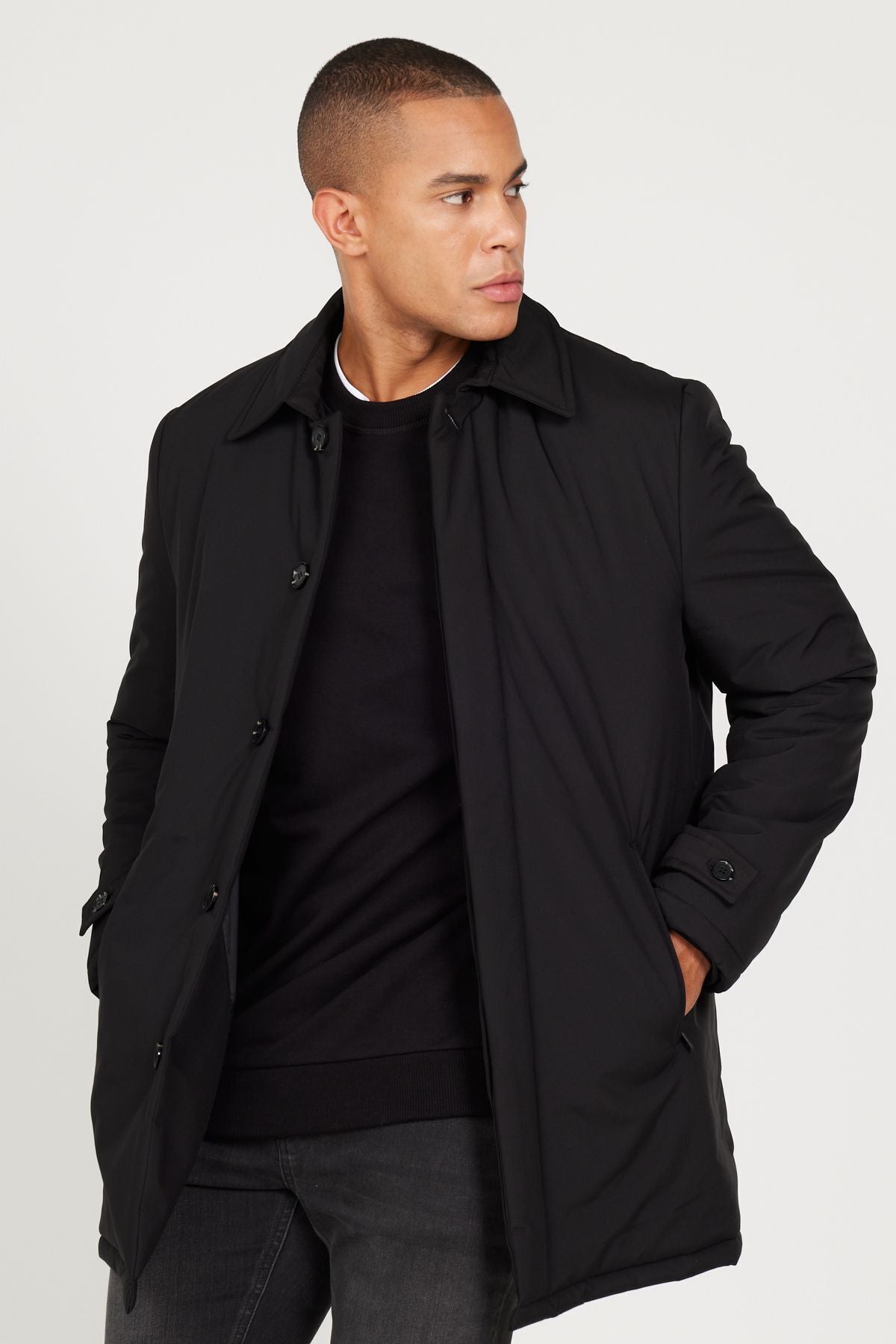 Men's black standard fit fit normal cut shirt collar coat