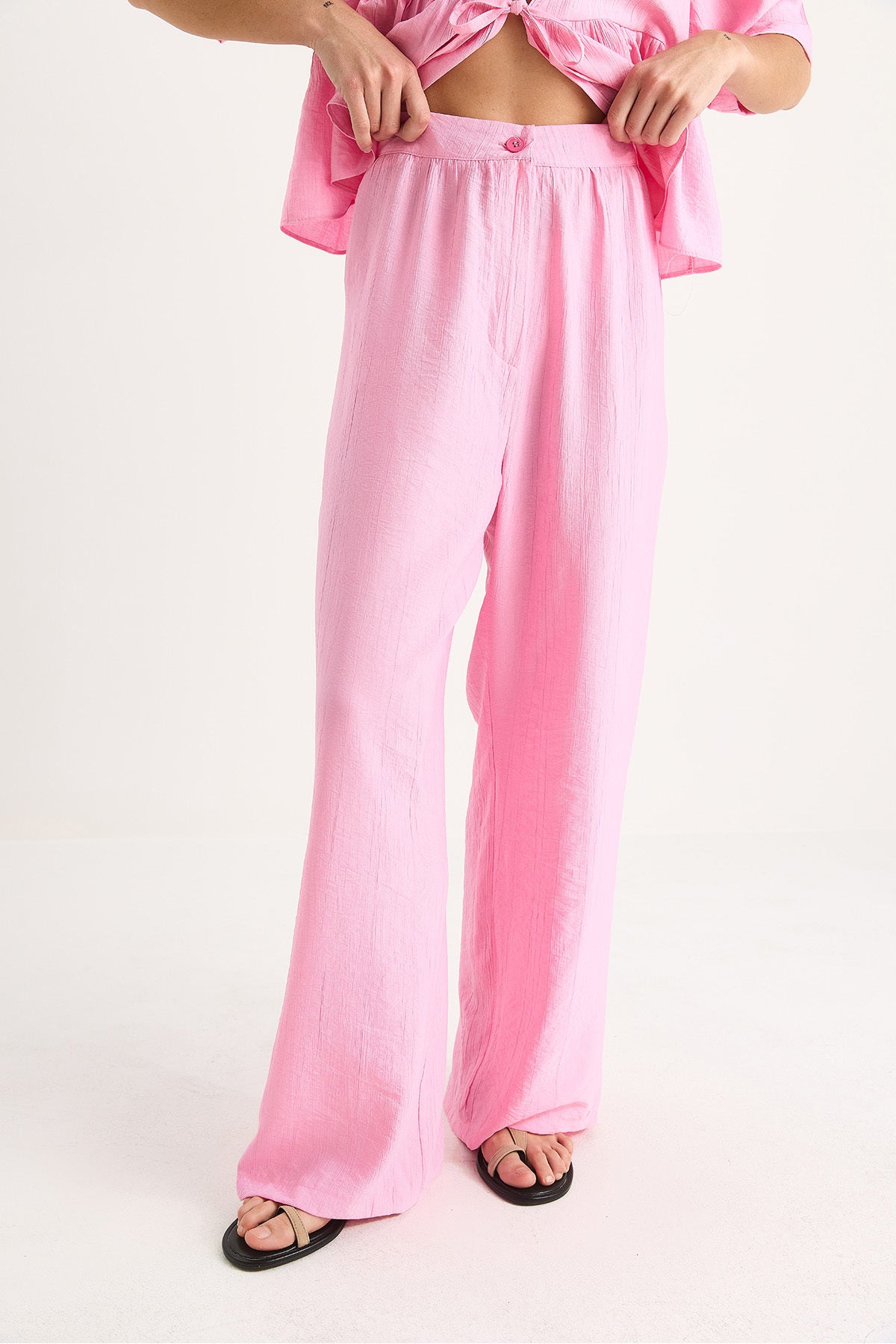 Women's Tie Detailed Short Sleeve Blouse Trousers Bottom-Top Set 9265 60281014