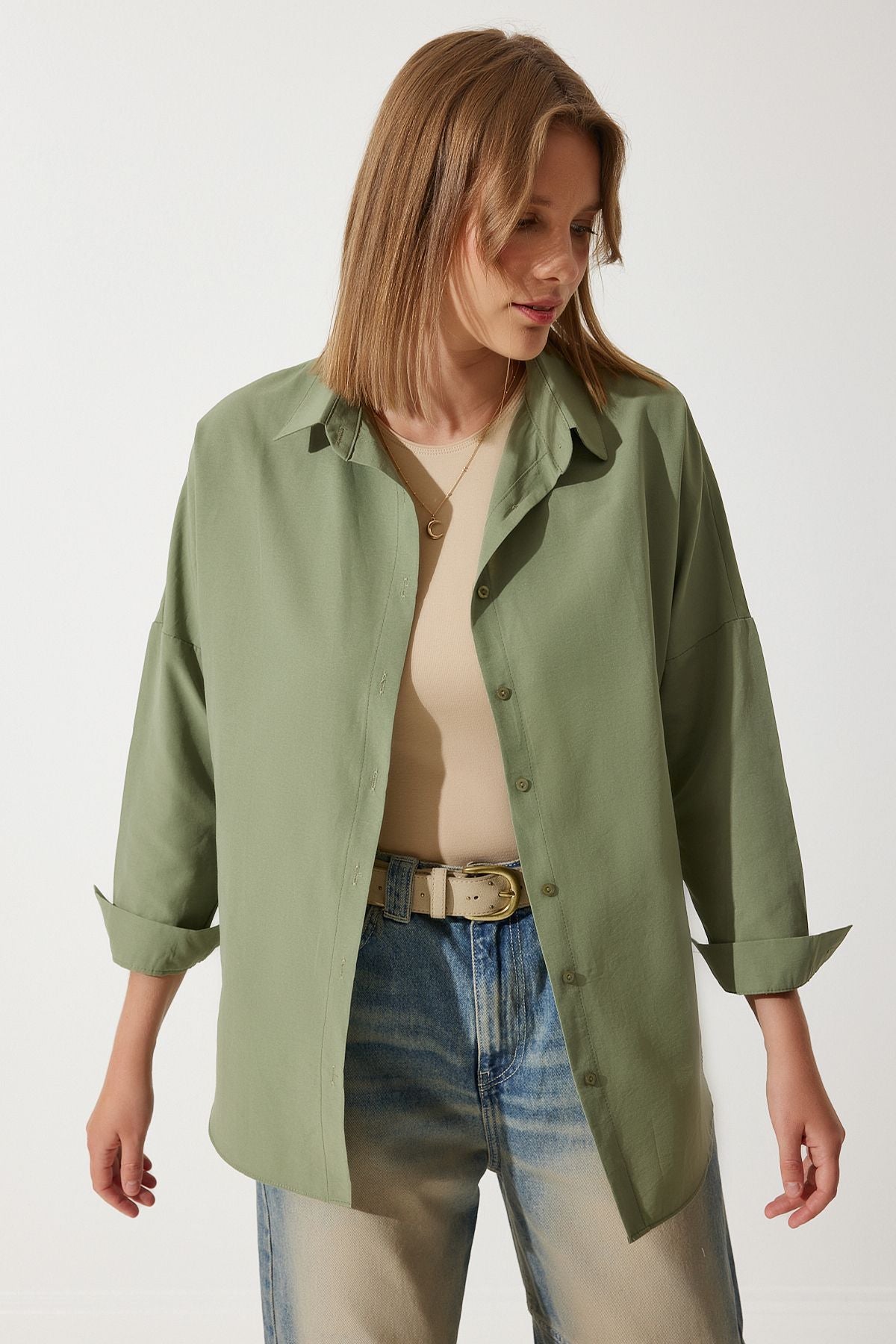 Woman Khaki Oversize Long Basic Shirt DD00842