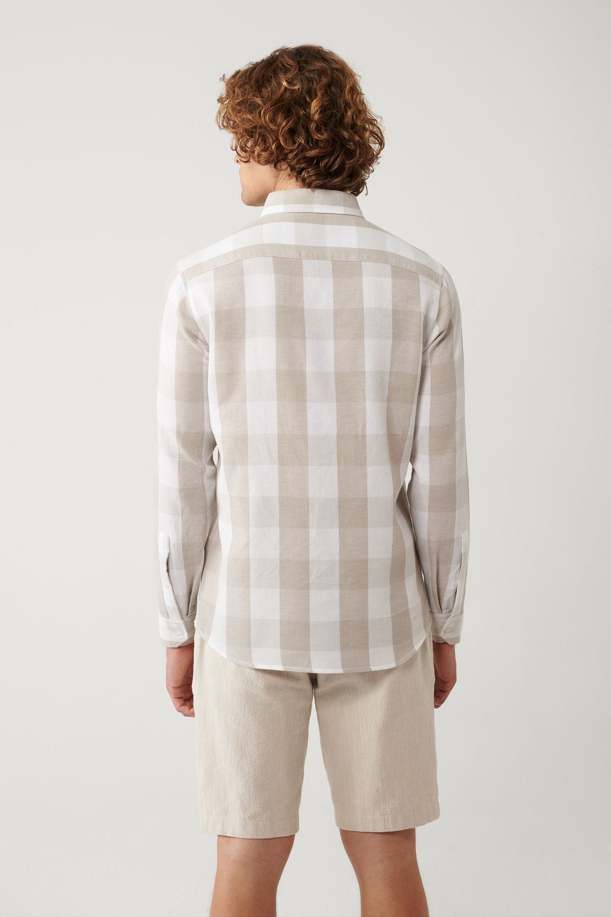 Men's beige 100 %cotton button collar cotton plaid textured shirt A41y2044