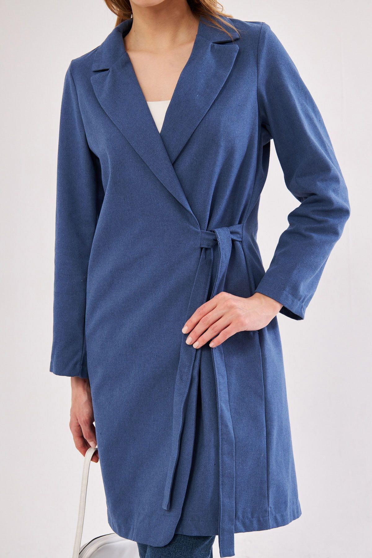 Women's dark blue side tied long coat ARM-24Y001019