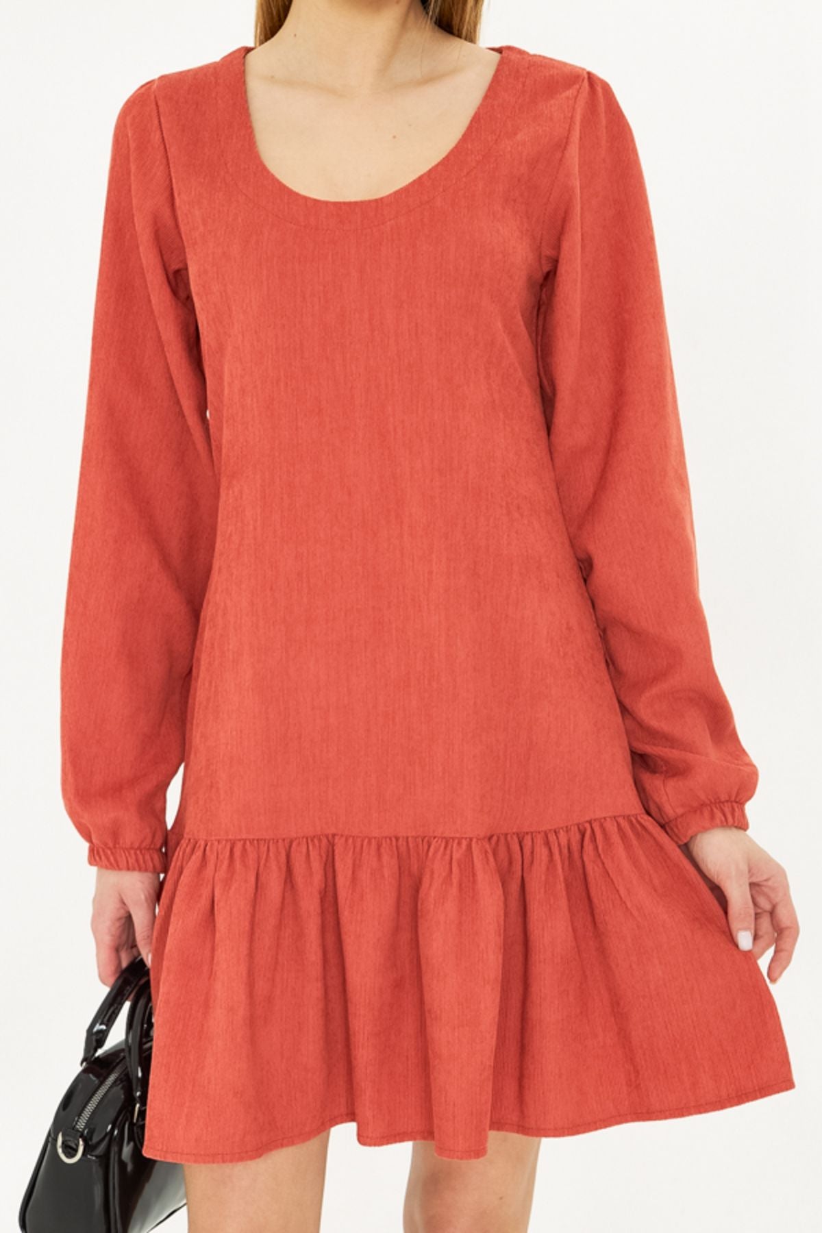 Women's Salmon U collar skirt tip frilly arms with rubber velvet short dress ARM-25K001086