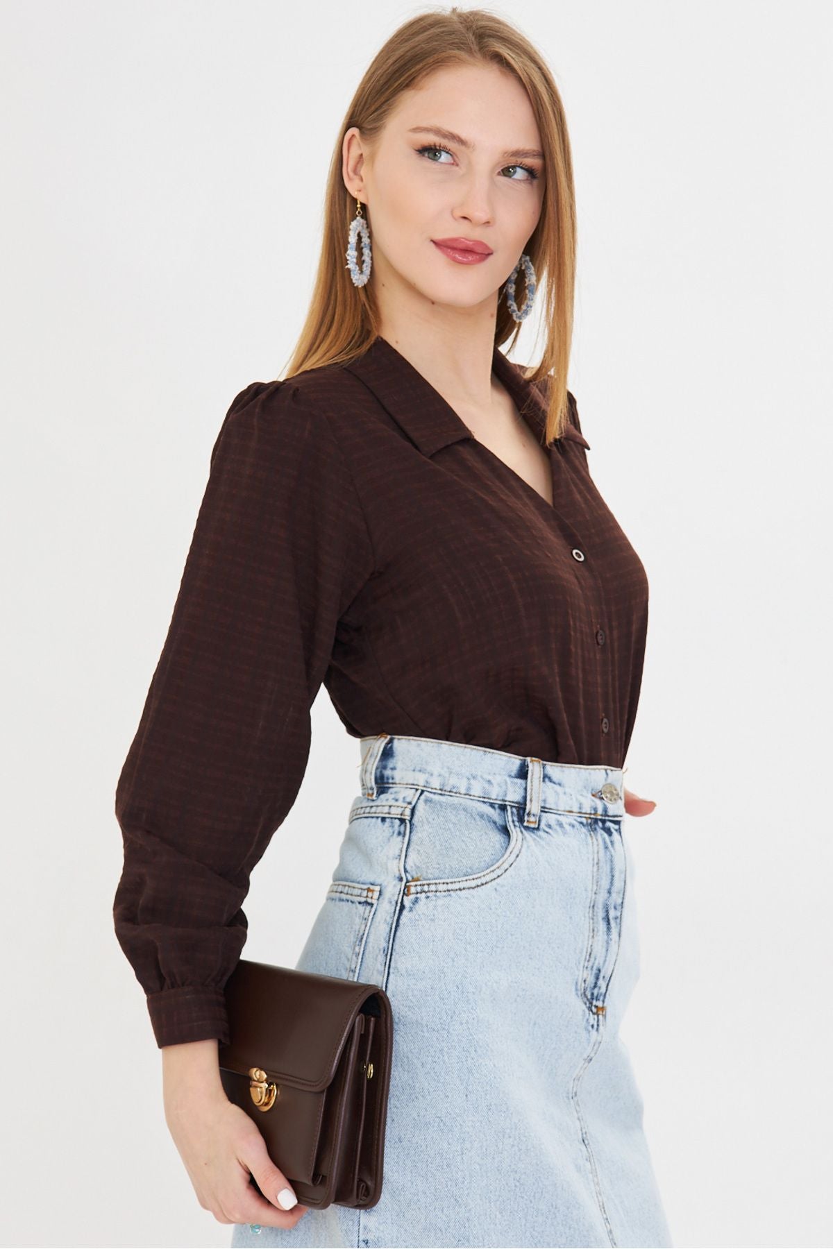 Female Coffee V-Yaka Balloon Arm Bürümcük Shirt ARM-25K001088