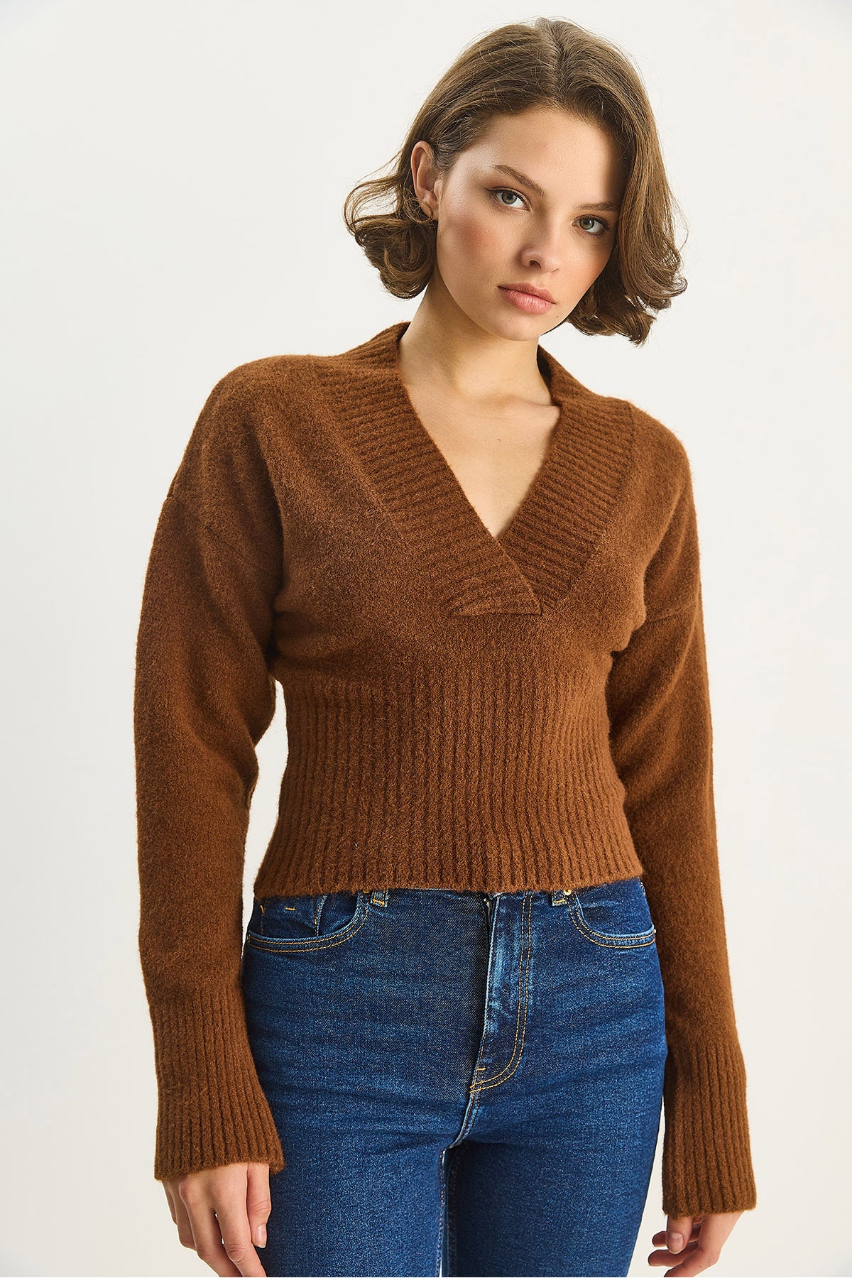 Women's V-Neck Waist Fitted Ribbed Knitwear Sweater 5080 60283586