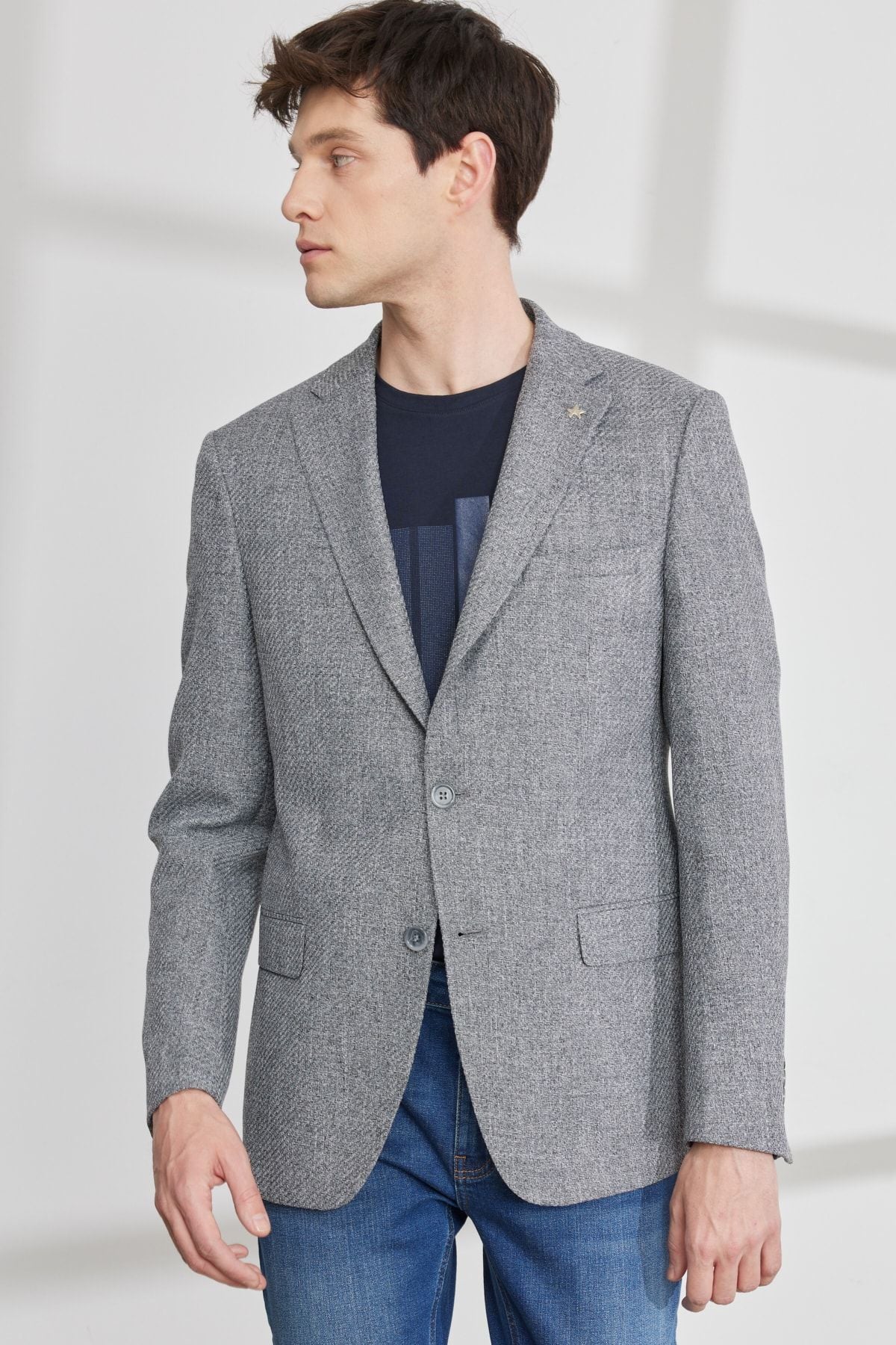 Men's gray slim fit narrow cutting mono collar Acolling jacket