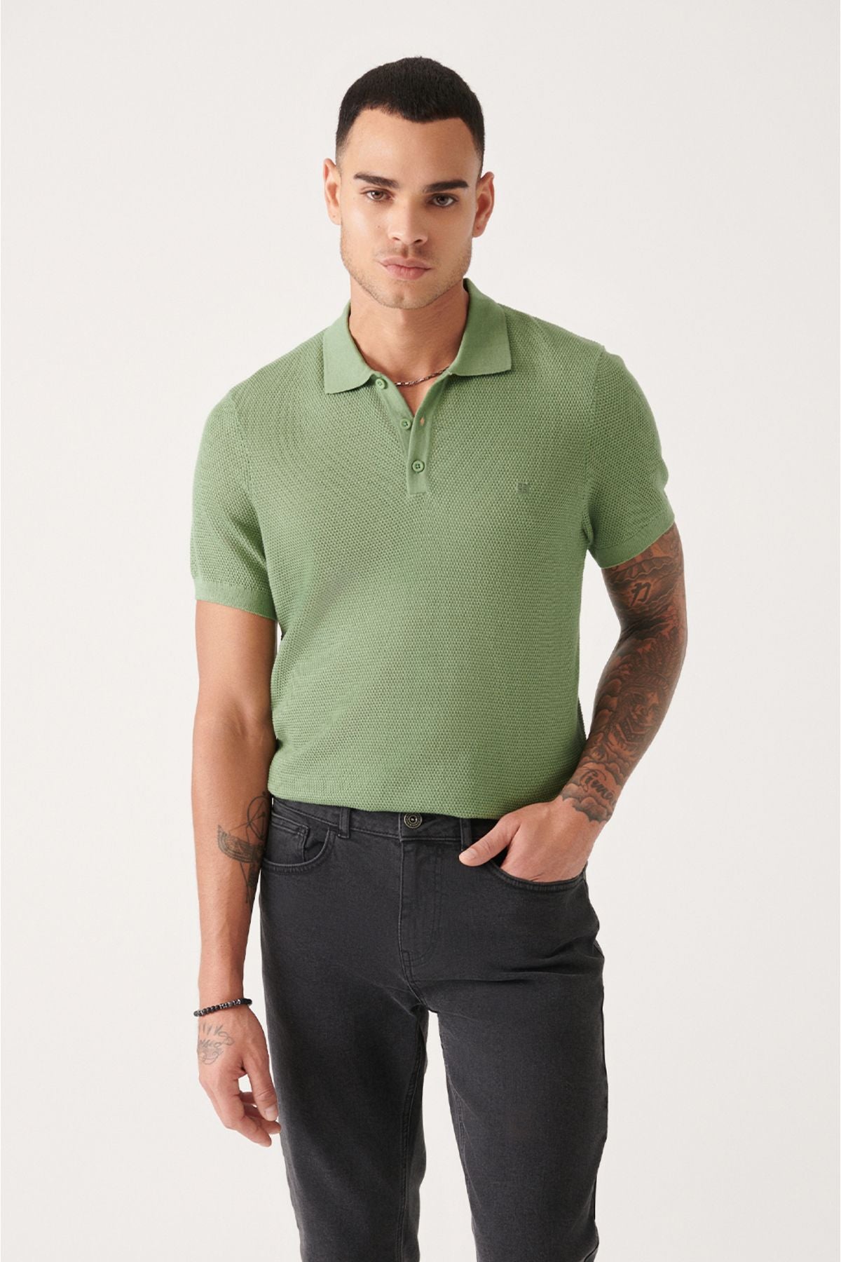 Men's Water Green 3 Button Tissue Ribanian Polo Yaka Triko T-Shirt B005009