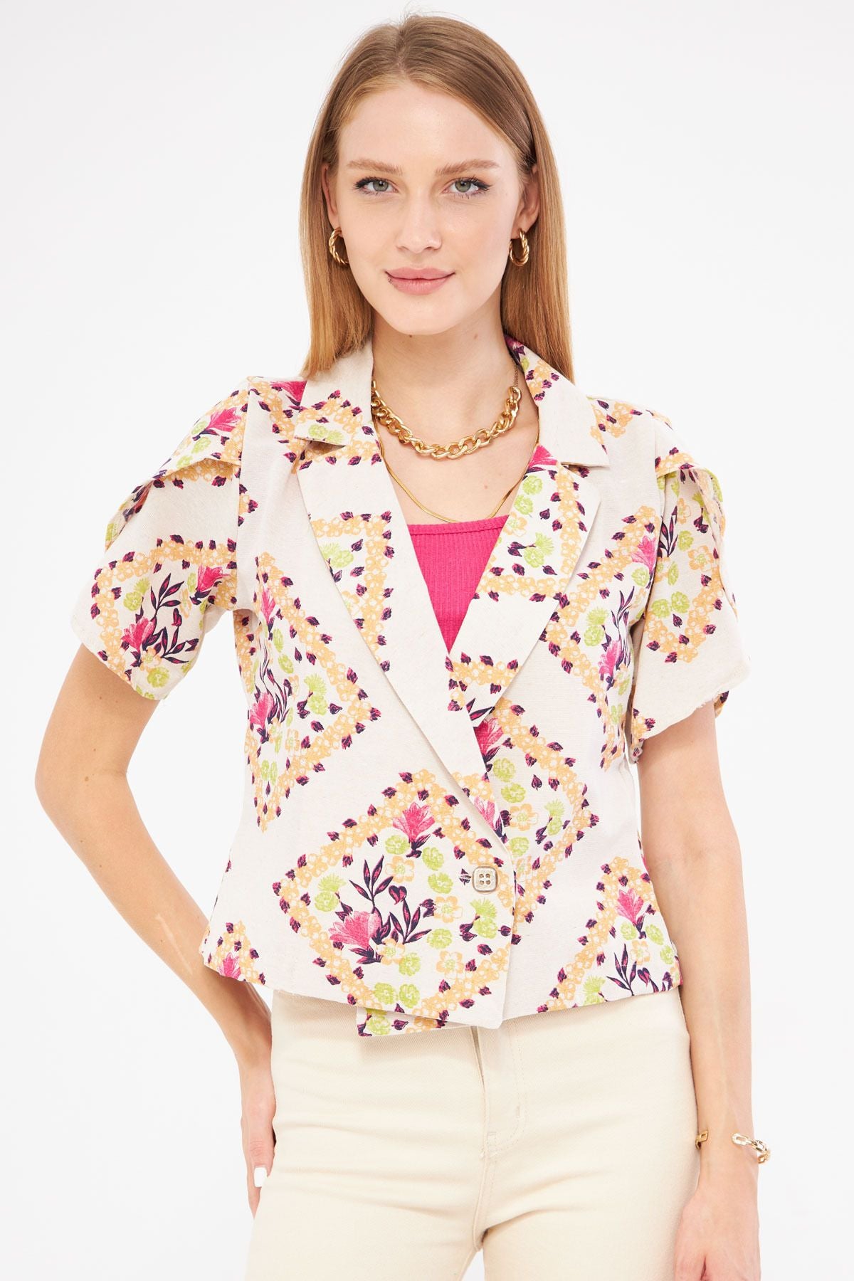 Woman Open Fuchsia Linen-Looking Patterned Lever Slit Crop Short Sleeve Jacket ARM-24Y001095