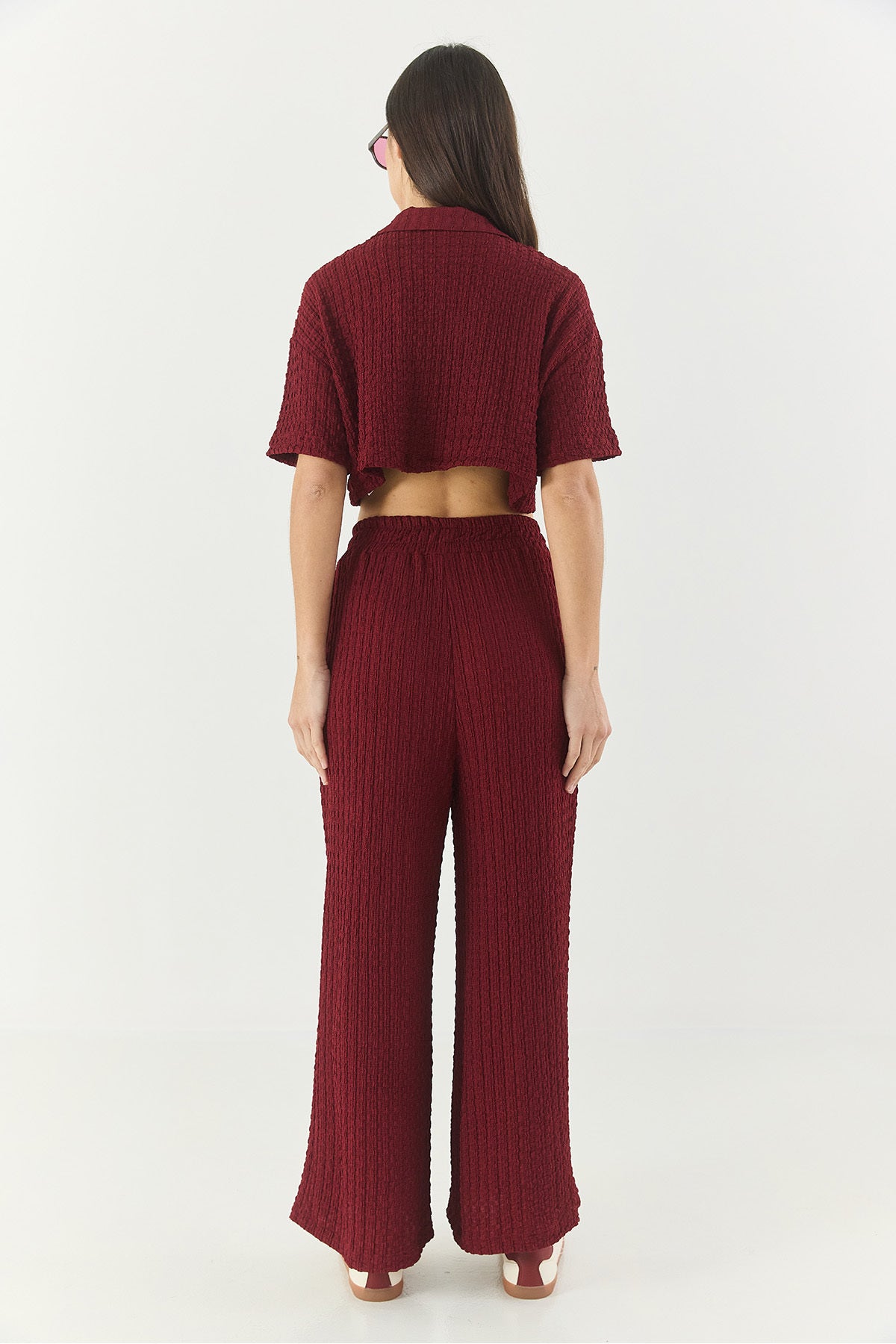 Women's Seersucker Crop Jacket Bottom-Top Set with Elastic Waist High Waist Trousers 9313 60281043