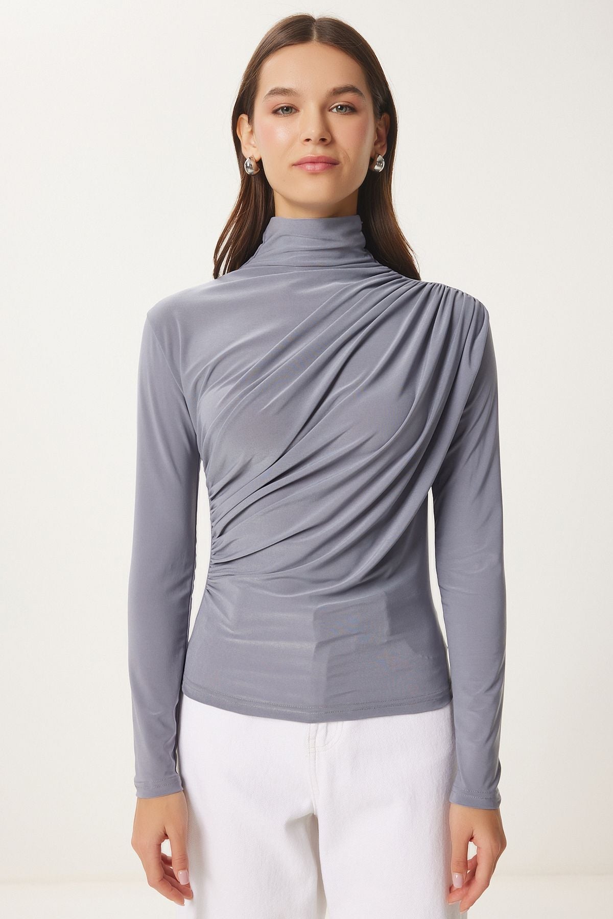 Female Gray Shirring Detailed Sandy Blouse FF00135