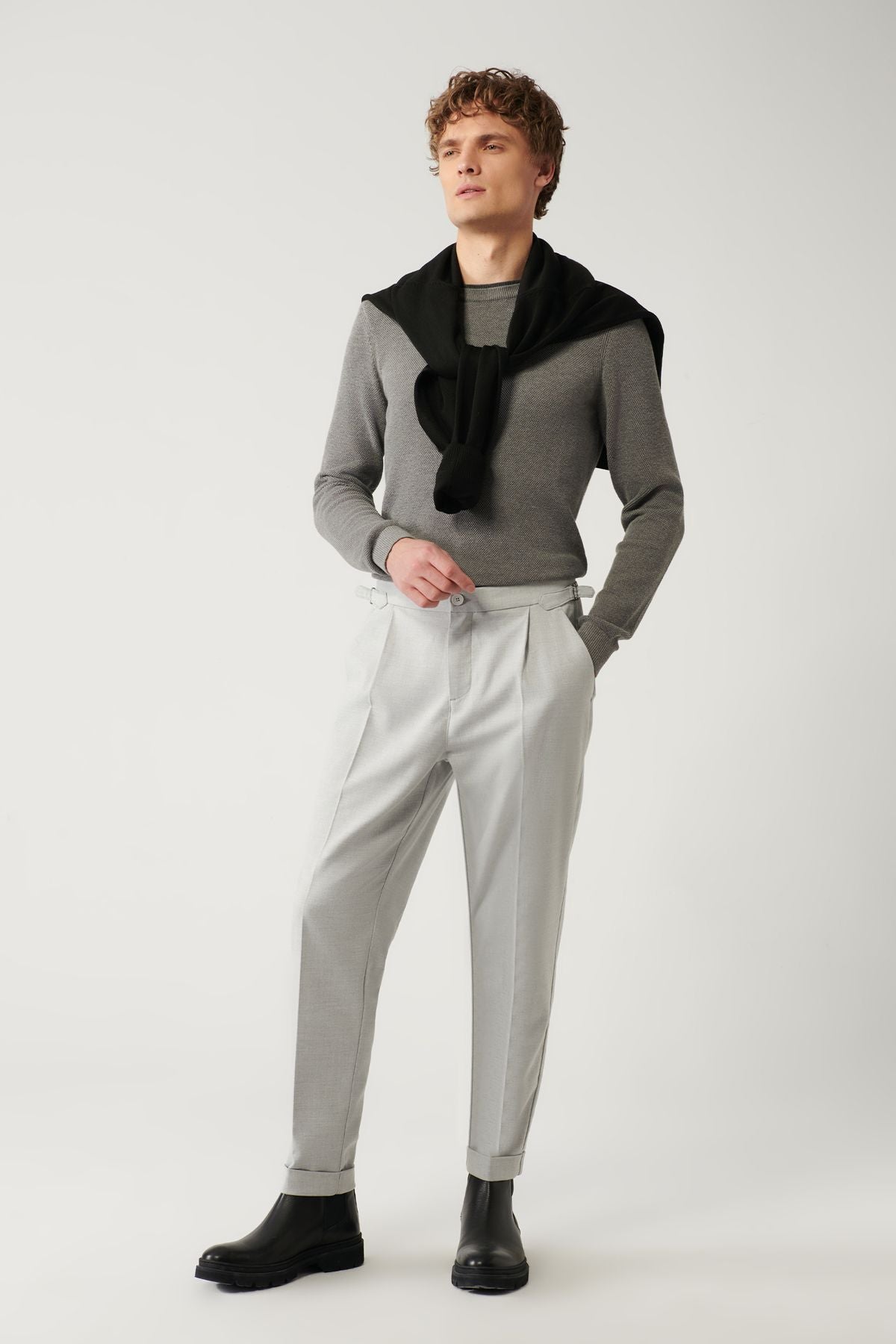 Men's light gray pleated double trousers A32y3084