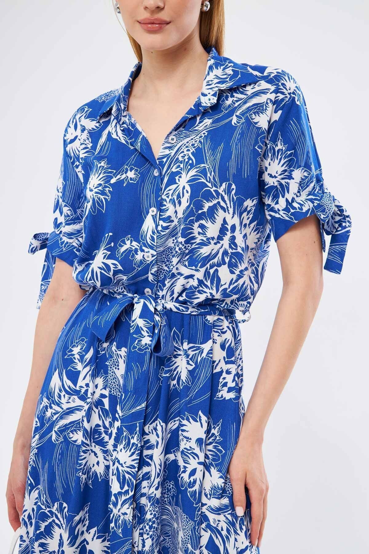 Female Blue Arm Tied waist belt shirt dress ARM-23Y001004