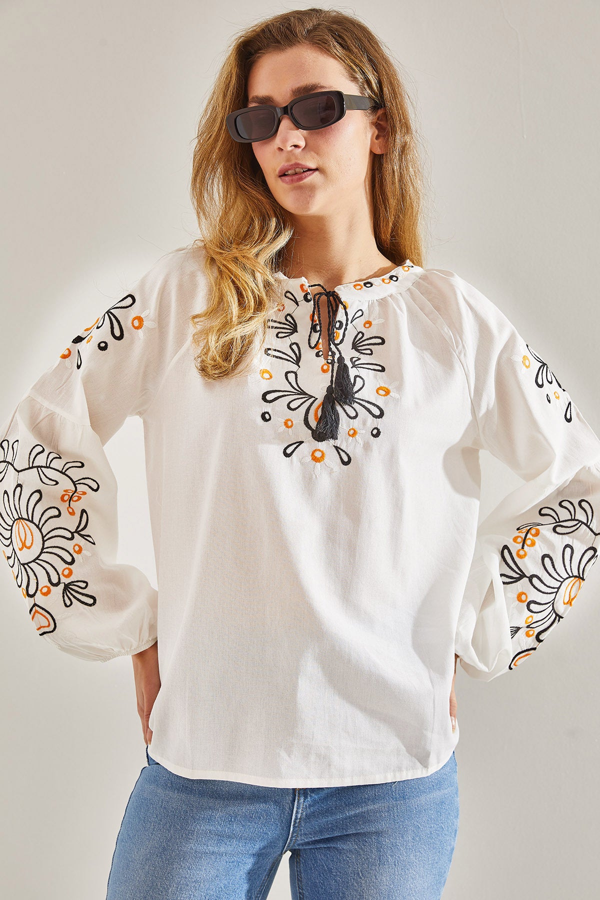 Modest Women's Embroidered Collar Tied Linen Blouse 60181044