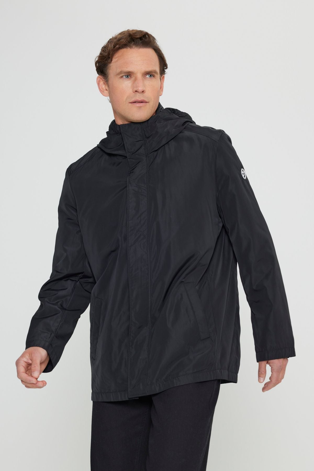 Men's Black Standard Fit Normal Cutter Windproof Hooded Red Neck Coat Trench coat