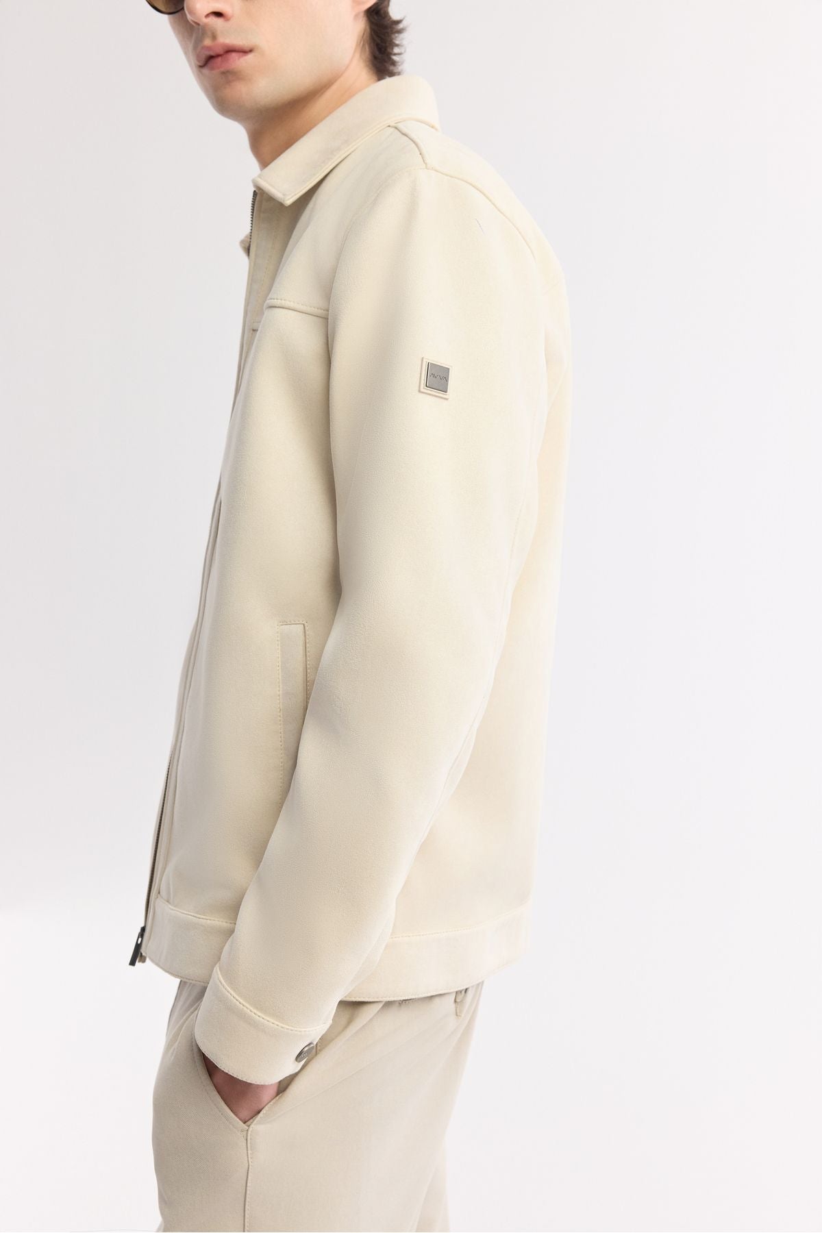 Men's Beige Classic Collar Zippered Suede Mont A51y6005