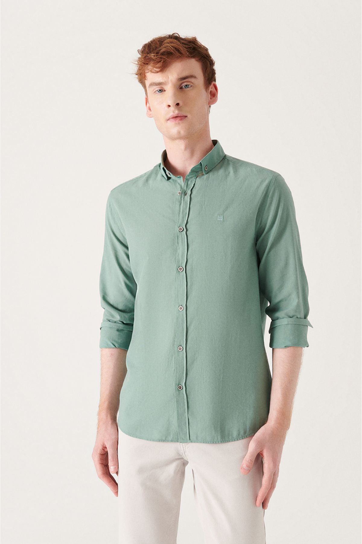 Men's Green 100 %Cotton Futter Soft Key buttoned Neck Shirt E002206