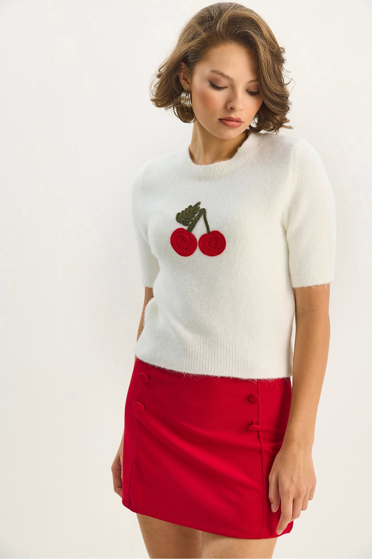 Women's Crew Neck Short Sleeve Cherry Knit Embroidery Knitwear Blouse 5079 60283588