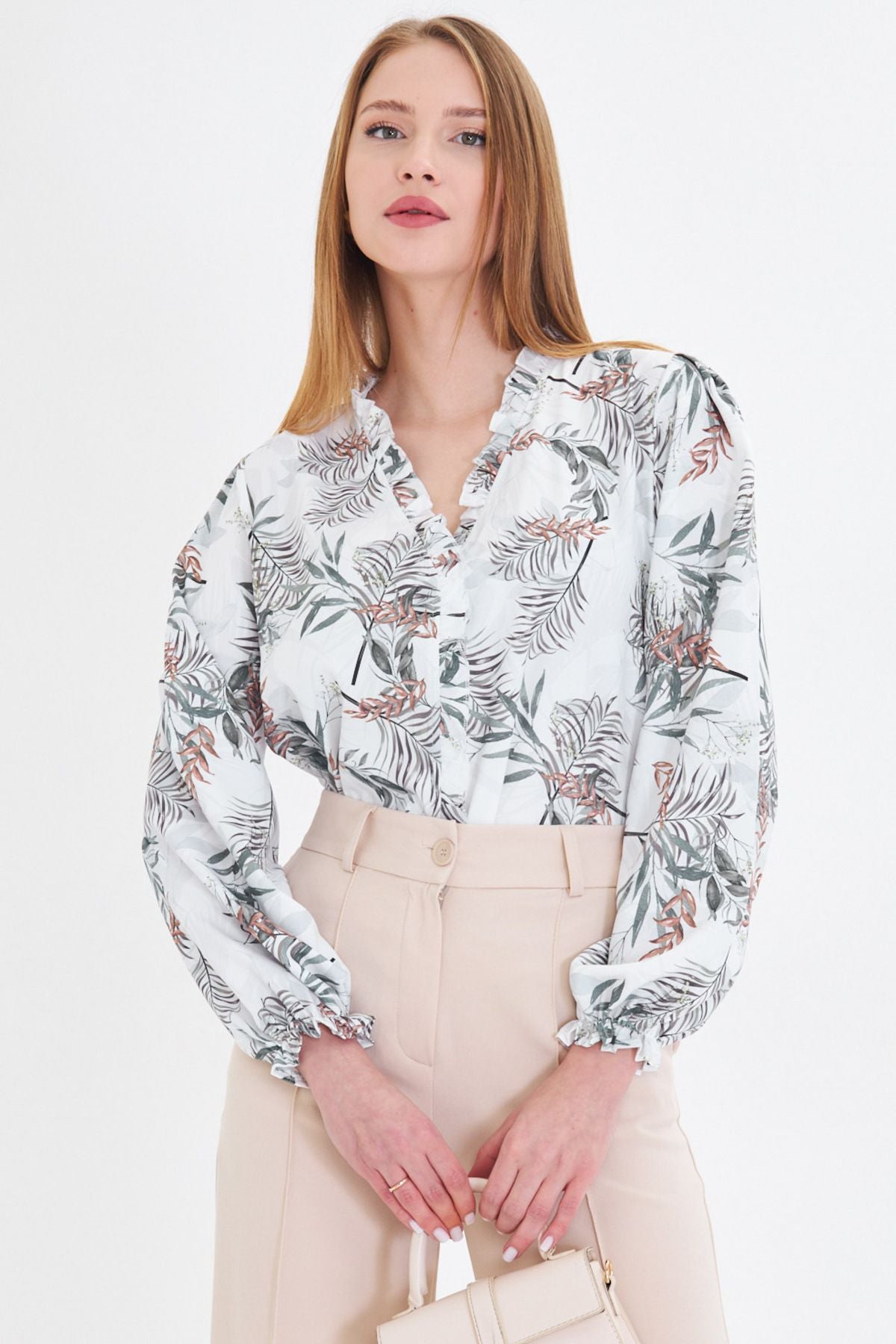Female Khaki Yak and Ruffle Arms with Rubbins Long Sleeve Blouse ARM-25Y001015