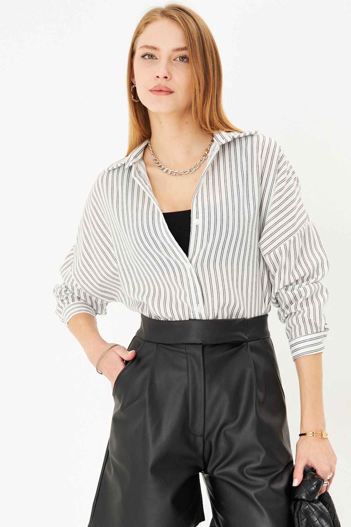 Woman White-Black Fine Striped Oversize Long Basic Shirt ARM-221185