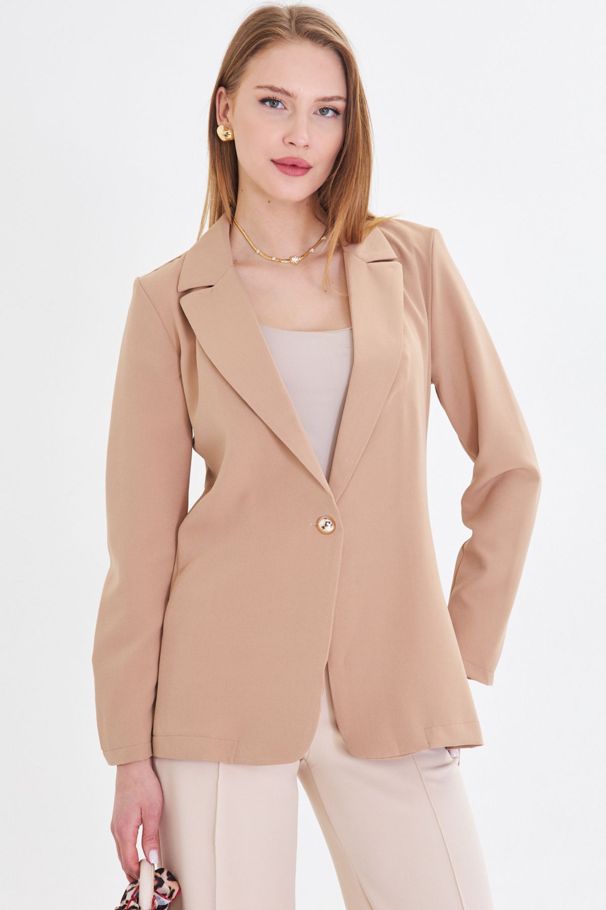 Female Beige Single button Jacket ARM-20K001020