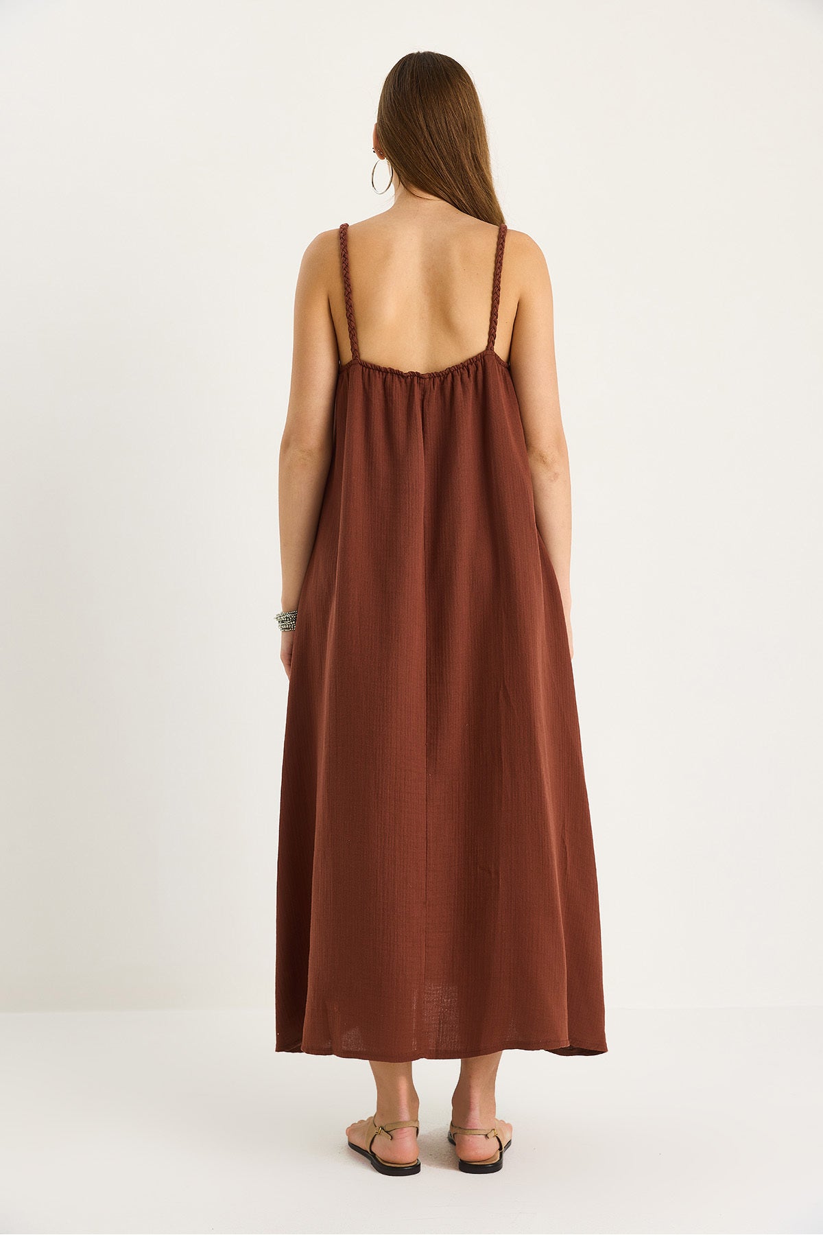 Women's Braided Strap Pocket Detailed Lined Casual Muslin Dress 7021 60283468