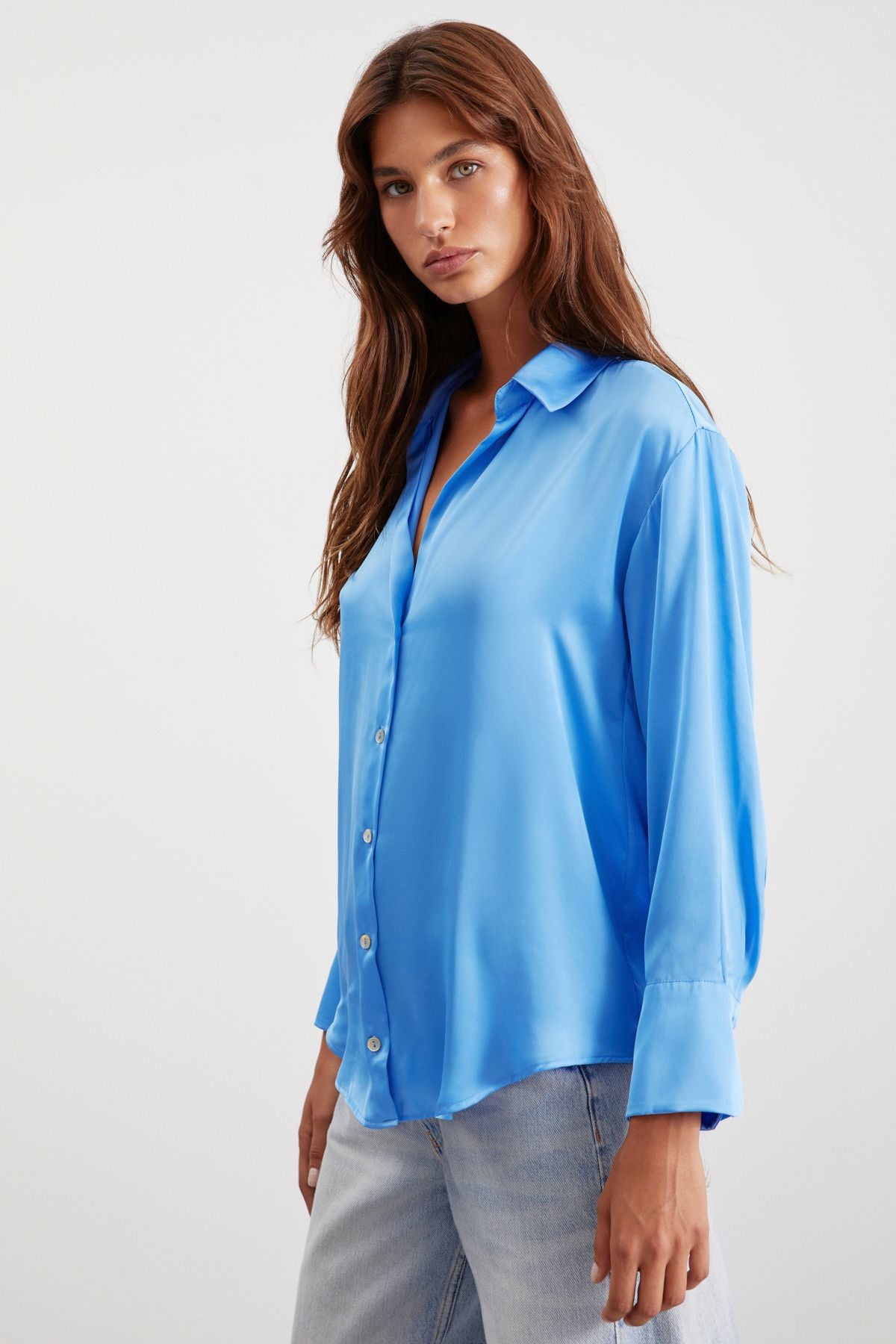 Sheıla Women's Premium Satin Woven Relaxed Fit Casual Cut Long Arm Pocket Blue Shirt