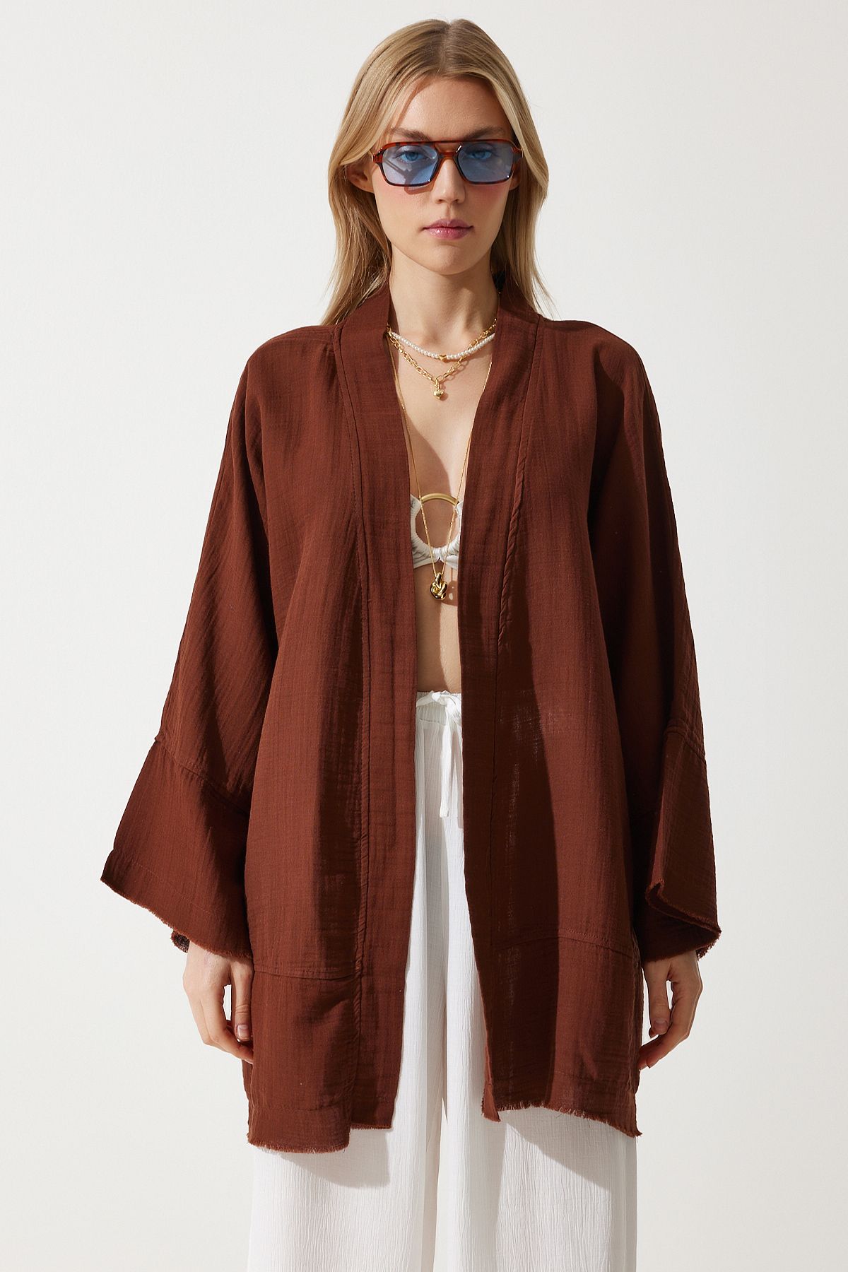 Female Brown Flower Detail Premium Muslin Kimono RG00030