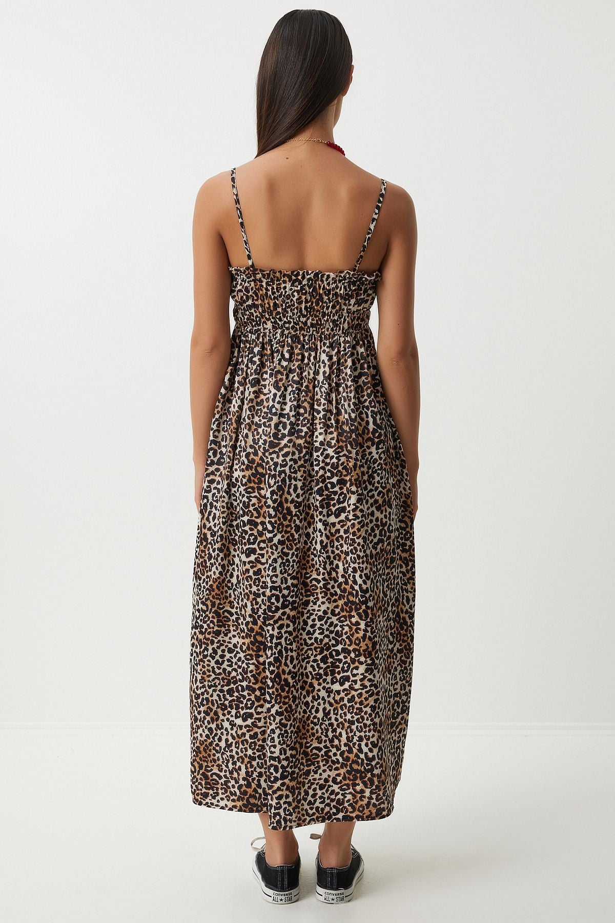 Female Black Beige Leopard Patterned Viscose Dress UB00287